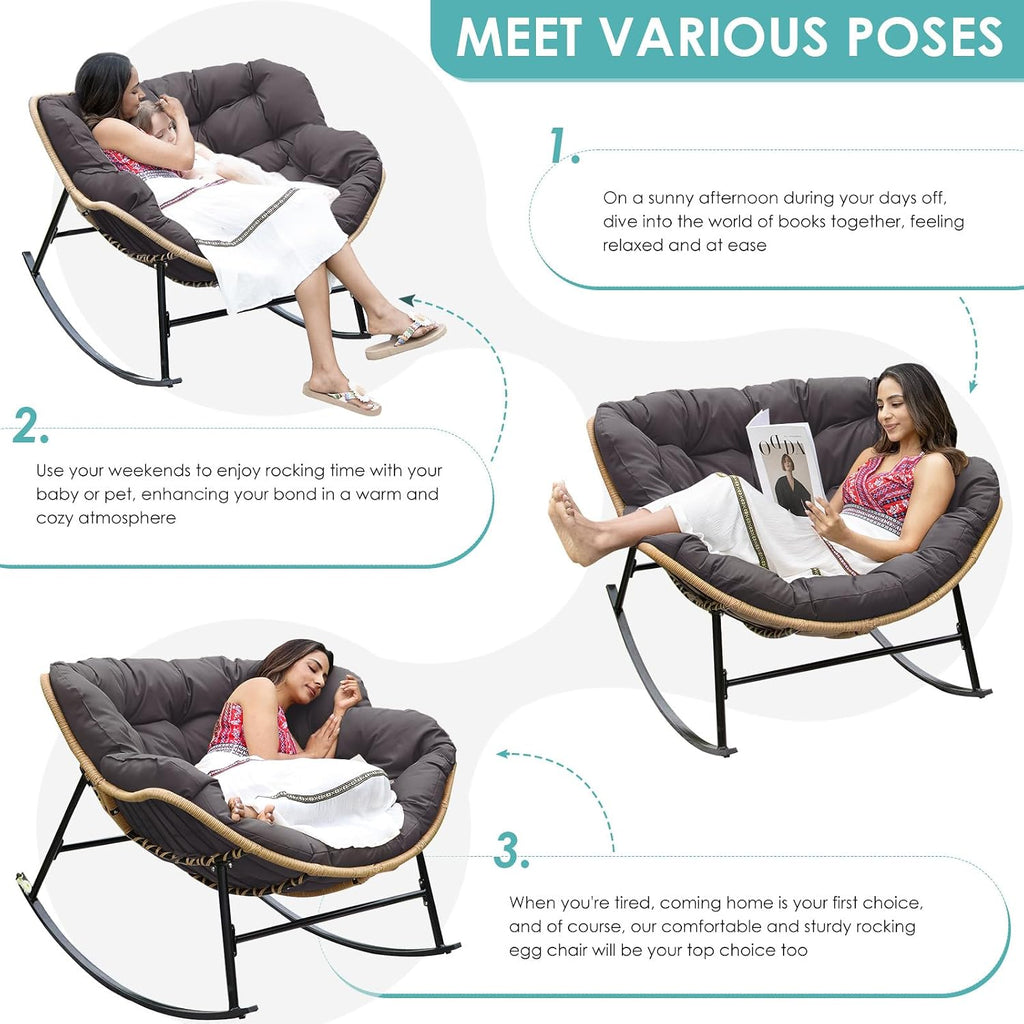 RADIATA 2 PCS Indoor Outdoor Papasan Rocking Chair Set, Oversized Patio Lounge Chair with Cushion, All Weather Wicker Comfy Loveseat Recliner, 450 lbs Capacity for Balcony Porch Garden livingroom grey