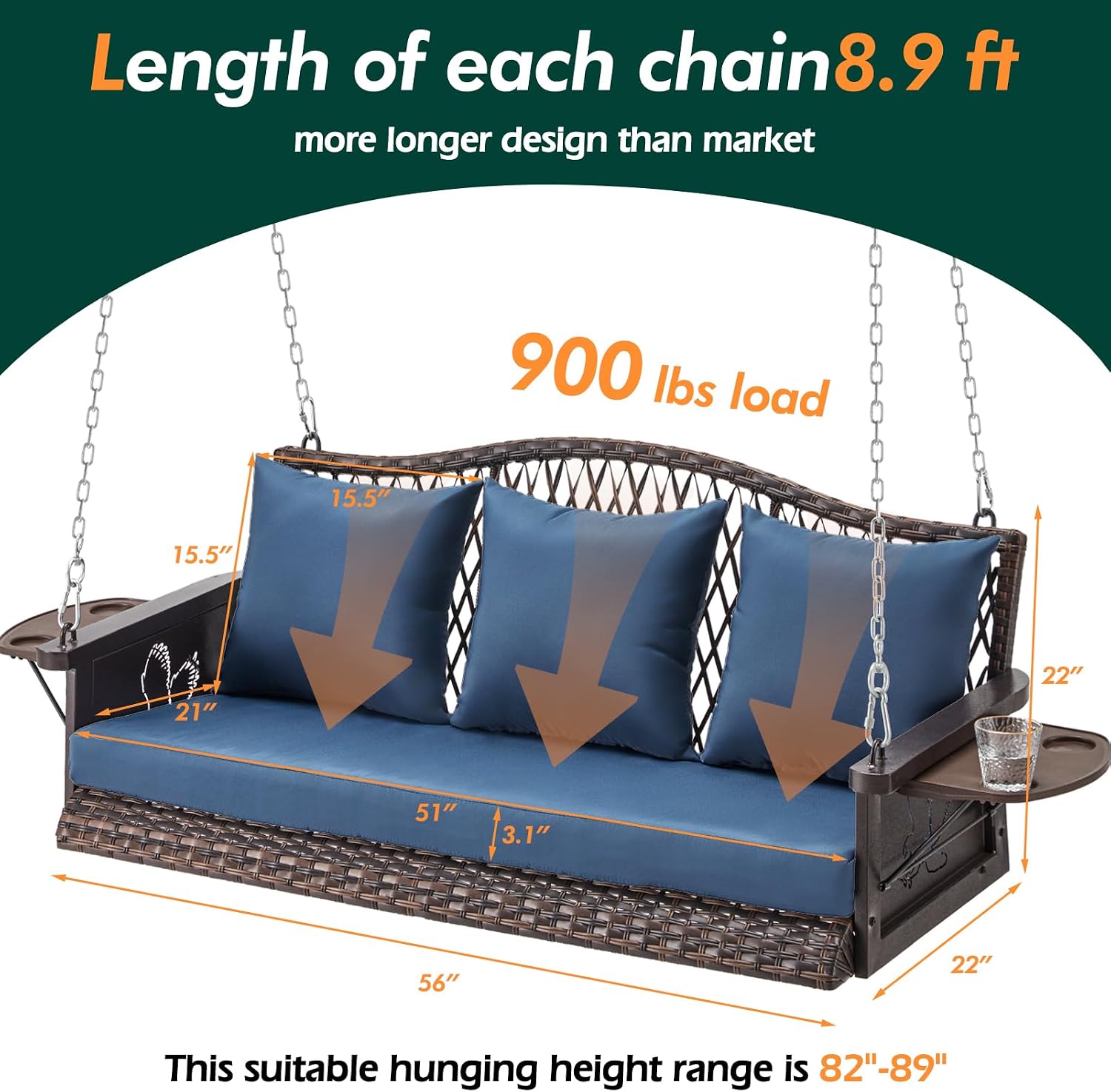 ZZW Upgraded Wicker Hanging Porch Swing Heavy Duty 900 LBS 3-Seat Outdoor Patio Swing Chair Bench for Adult w/ 8.9ft Hanging Chains Cushions and Cup Holder