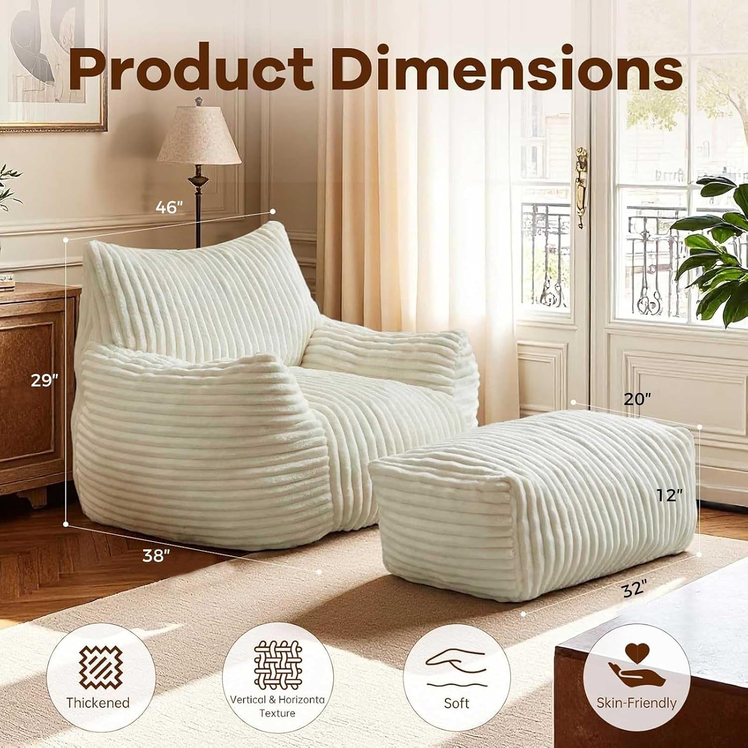 LKD Oversized Bean Bag Chairs for Adults,Bean Bag Chair with arms,Plush Bean Bag,Modern Living Room Decorative Chair,Corner Chair Bedroom,Reading Sofa, Dormitory Lounge Chairs (White, with Ottoman)
