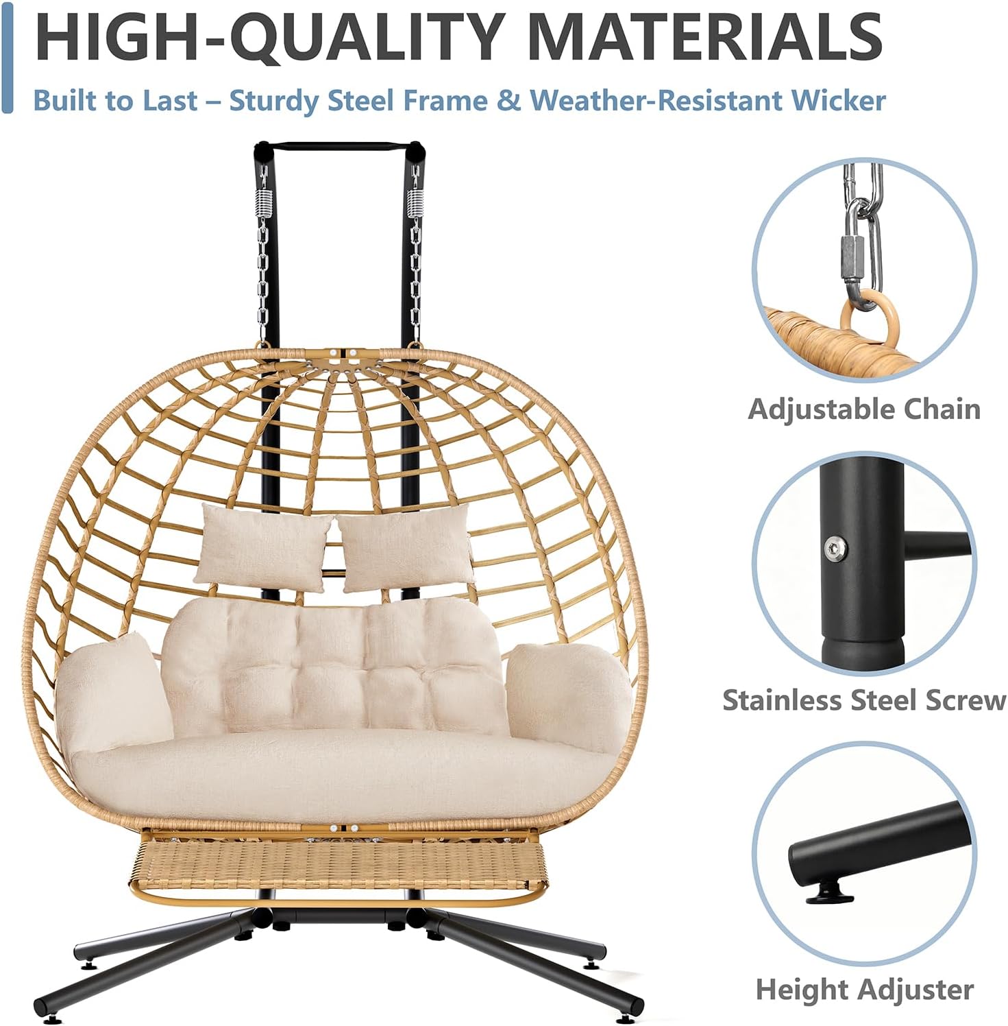 SWITTE Double Hanging Egg Chair with Stand & Footrest, Outdoor Patio 2 Person Wicker Hammock Swing Chairs with Cushion for Indoor Bedroom, Lawn, Garden-Natural