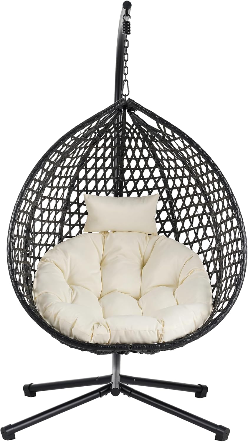 Sturdy Hammock Chair with Stand, Durable Hanging Egg Chair with Rattan Weaving,Comfortable Indoor Outdoor Swing Chairs with Soft Removable Cushion,Suitable for Balcony, Bedroom,or Garden, Black+Beige