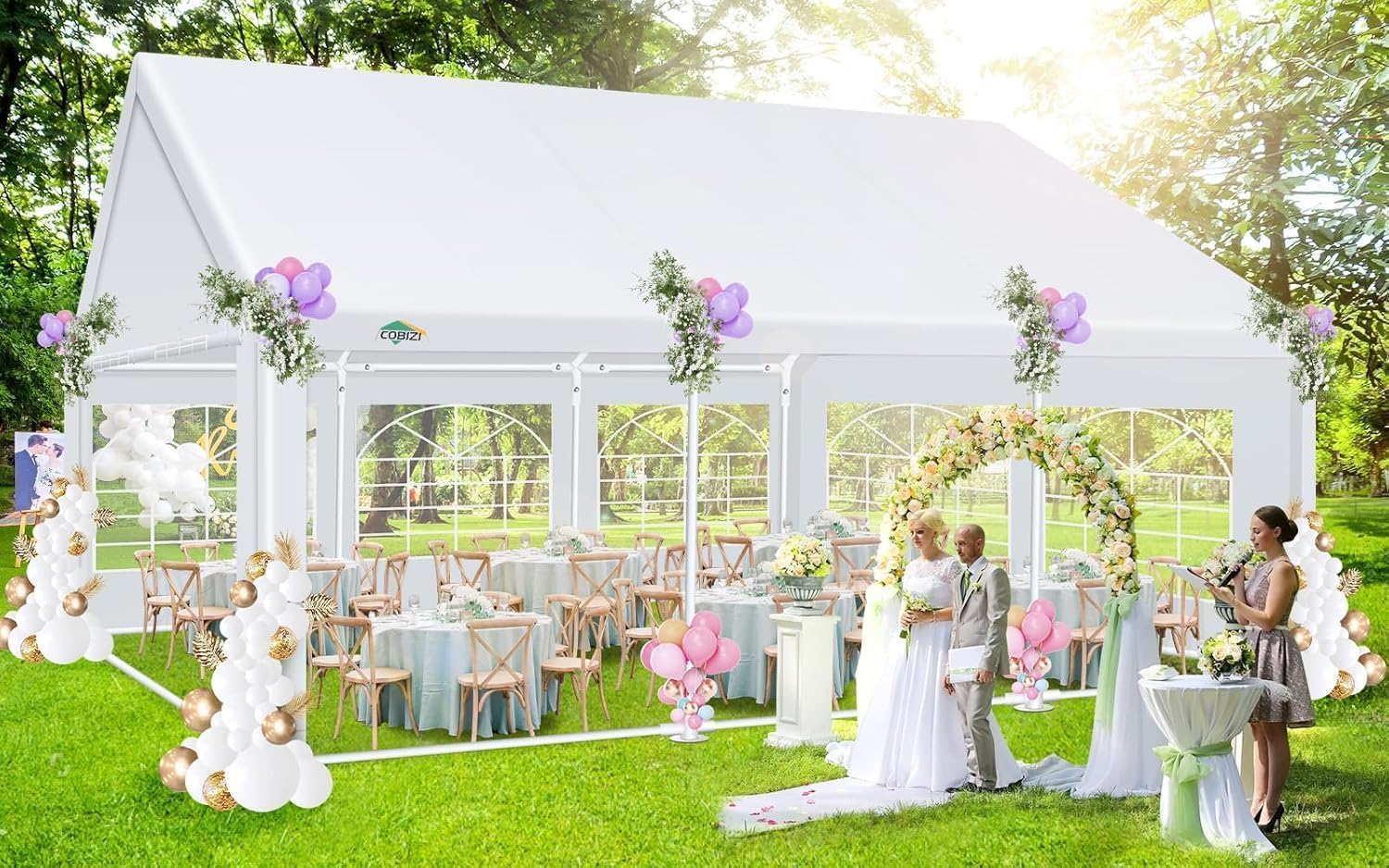 COBIZI 20x20 Heavy Duty Party Tent Outdoor Waterproof Canopy with 10 Church Windows & 6 Sidewalls, Built-in Sandbag, White Powder Coating Commercial Event Shelter Tents for Parties Wedding BBQ Patio