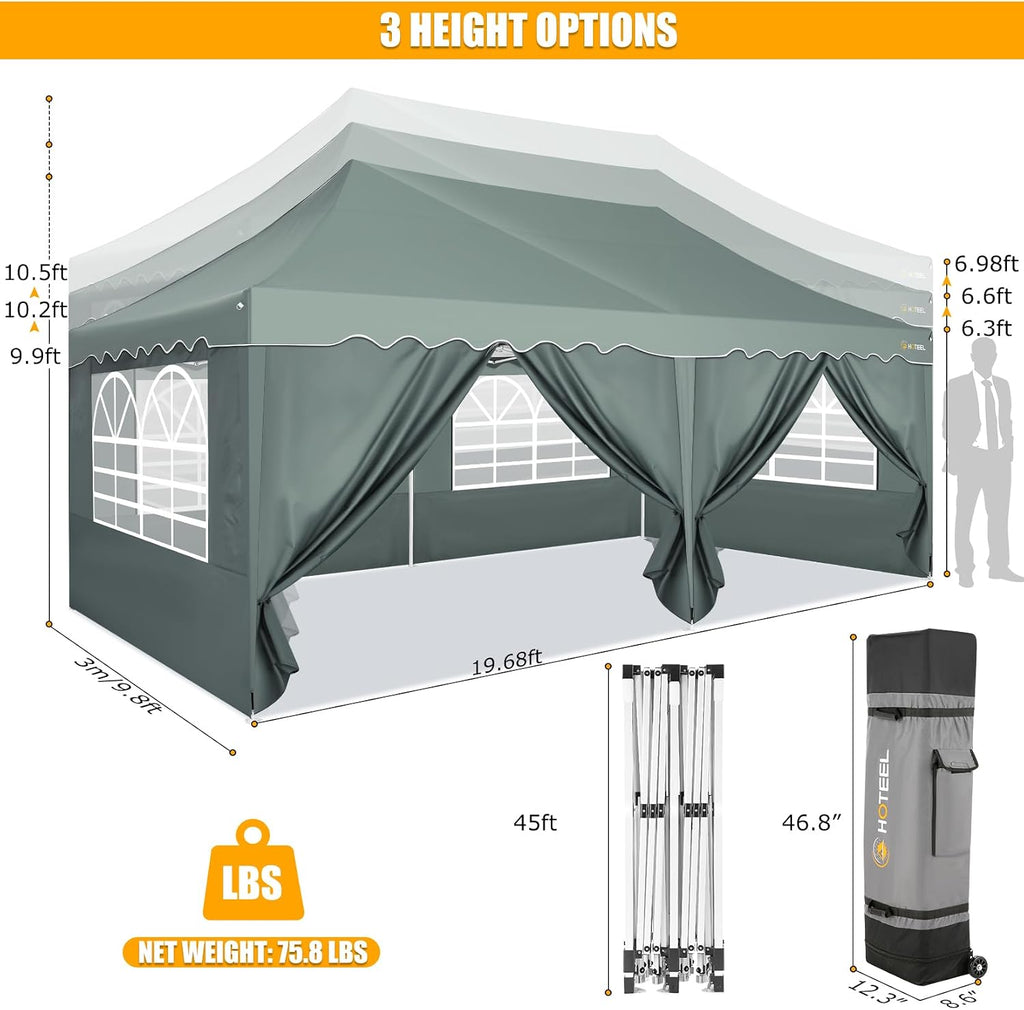HOTEEL 10x20 Pop Up Canopy Tent with 6 Sidewalls, Waterproof UV50+ Outdoor Shelter for Parties and Events, Easy Setup with Wheeled Bag & 4 Weight Bags, Gray
