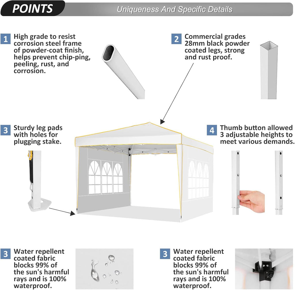 COBIZI 10x10 Pop up Canopy, Canopy Tent 10x10 Gazebos, Ez up for Parties Beach Camping Party Event Shelter Sun Shade with 4 Sidewalls & Carry Bag 4 Stakes & Ropes & Sandbags, White