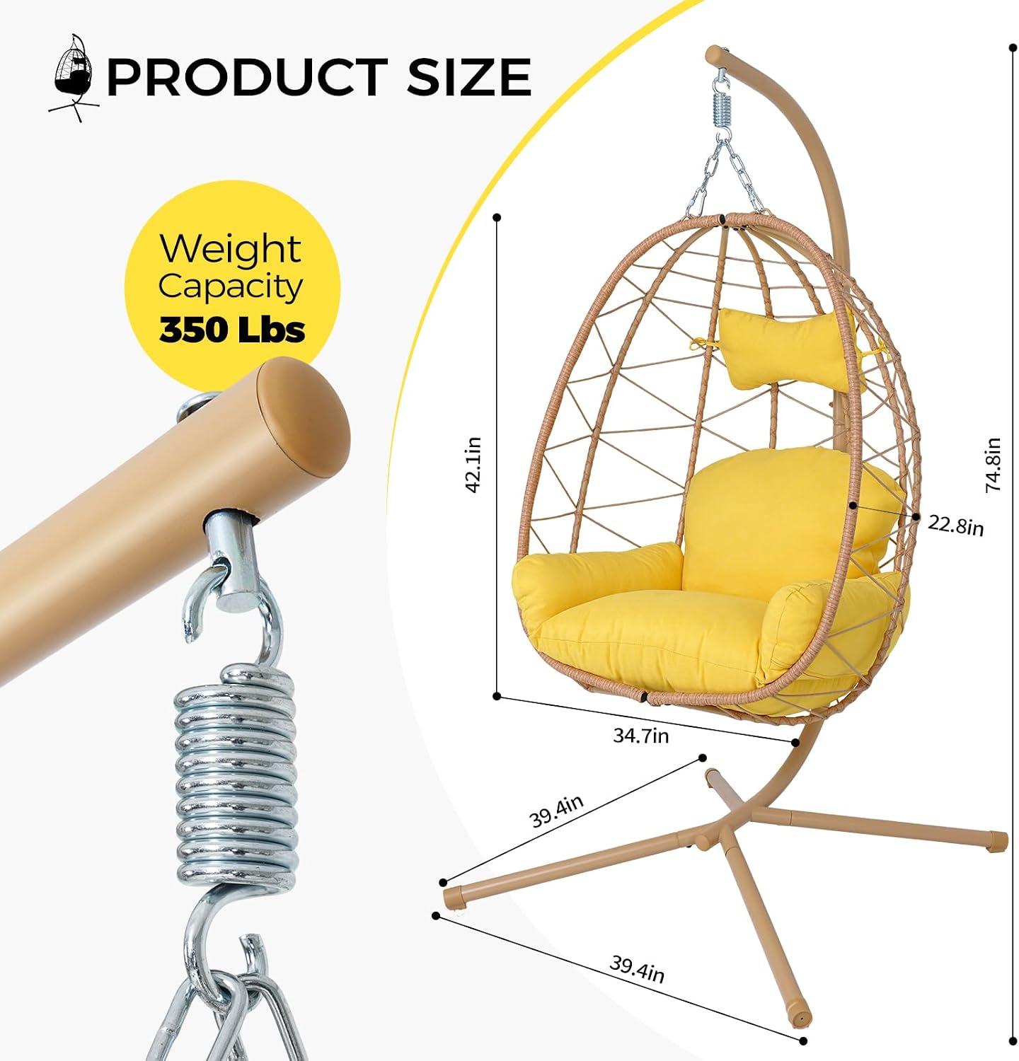 Egg Chair with Stand, Wicker Hanging Chair for Outdoor Patio, Cushioned Hammock Swing for Bedroom Garden Indoor/Outdoor, Double-Zipper Structure Hanging Egg Chair (Yellow and Yellow)