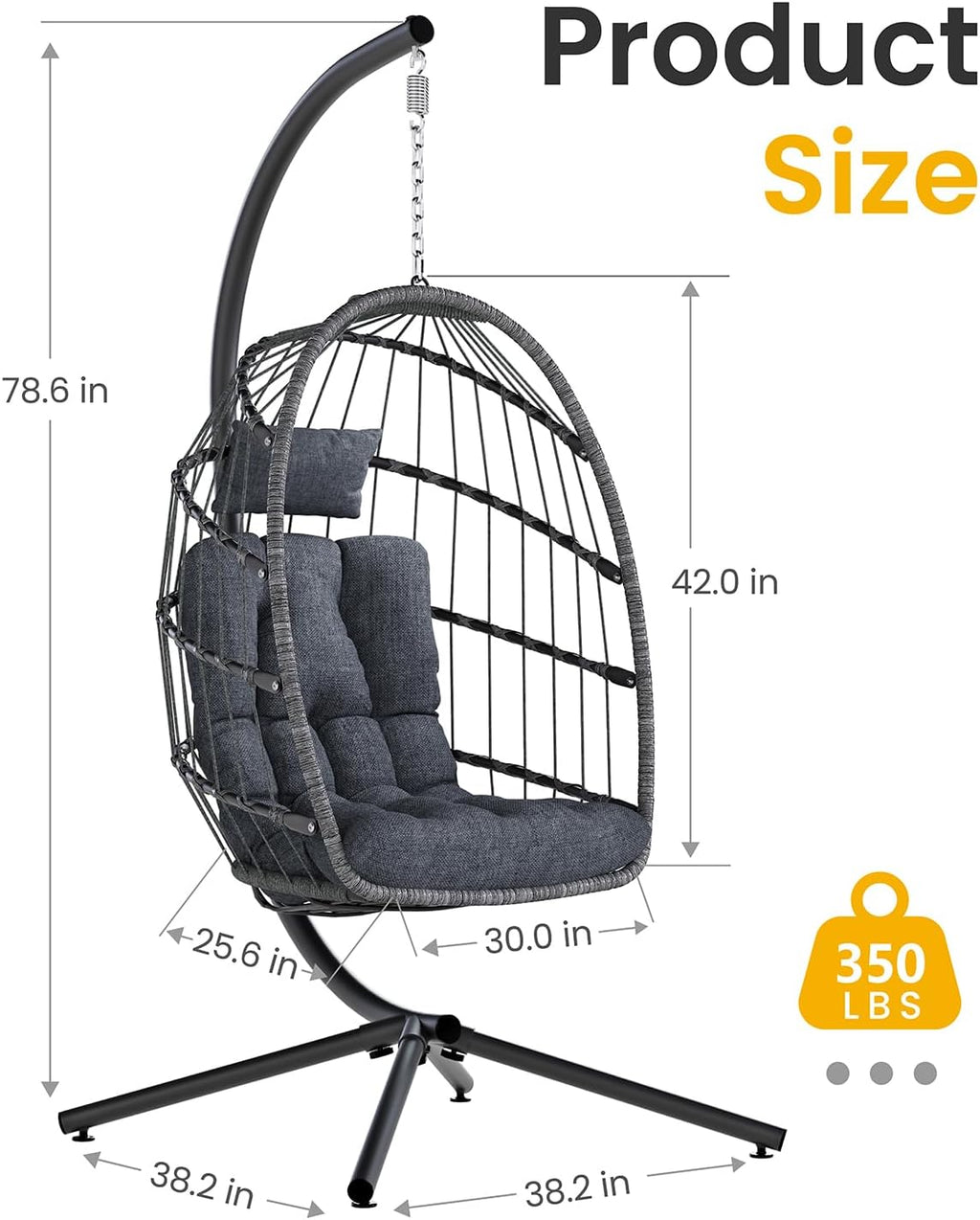 Hanging Egg Chair with Stand, Indoor Outdoor Wicker Patio Egg Swing Chair with Cushion for 350LBS Capacity, Hanging Hammock Chair for Bedroom, Garden, Porch - Dark Grey