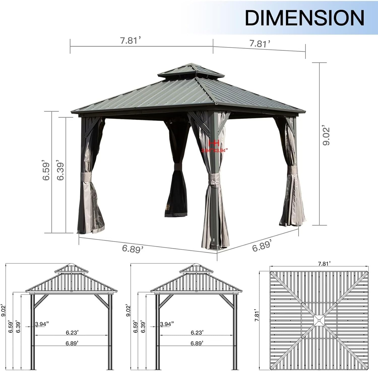 Domi 8x8FT Outdoor Gazebo, Patio Gazebo with Galvanized Steel, Hardtop Gazbo for Patio, Deck, Backyard, Curtain and Netting Included