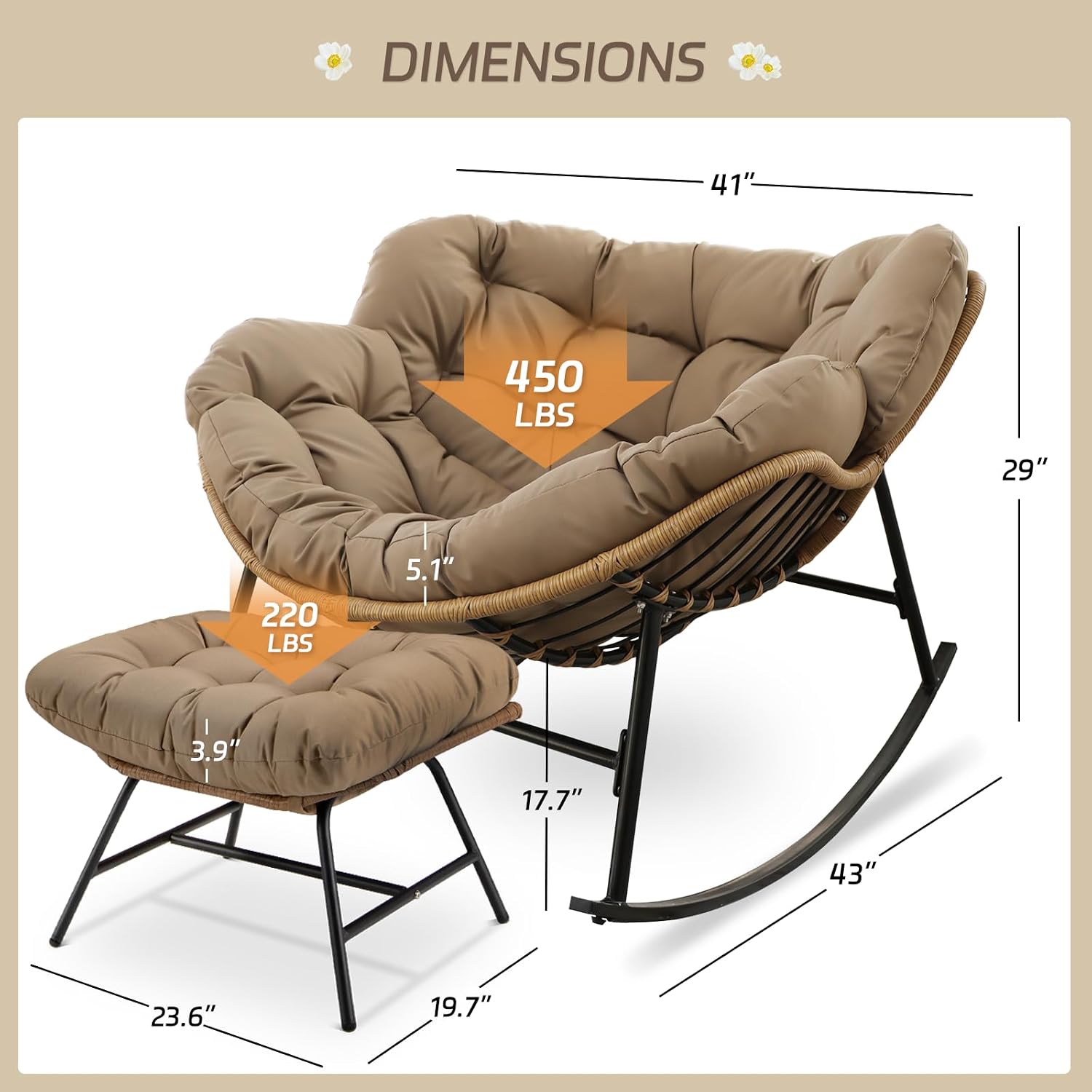 BULEXYARD 4 PCS Rocking Papasan Chair with Ottoman, 2 Person Patio Egg Rocker with Brown Cushion, Double Rocking Chair for Reading/Relaxing, Comfortable Wicker Recliner for Balcony, Porch, Garden