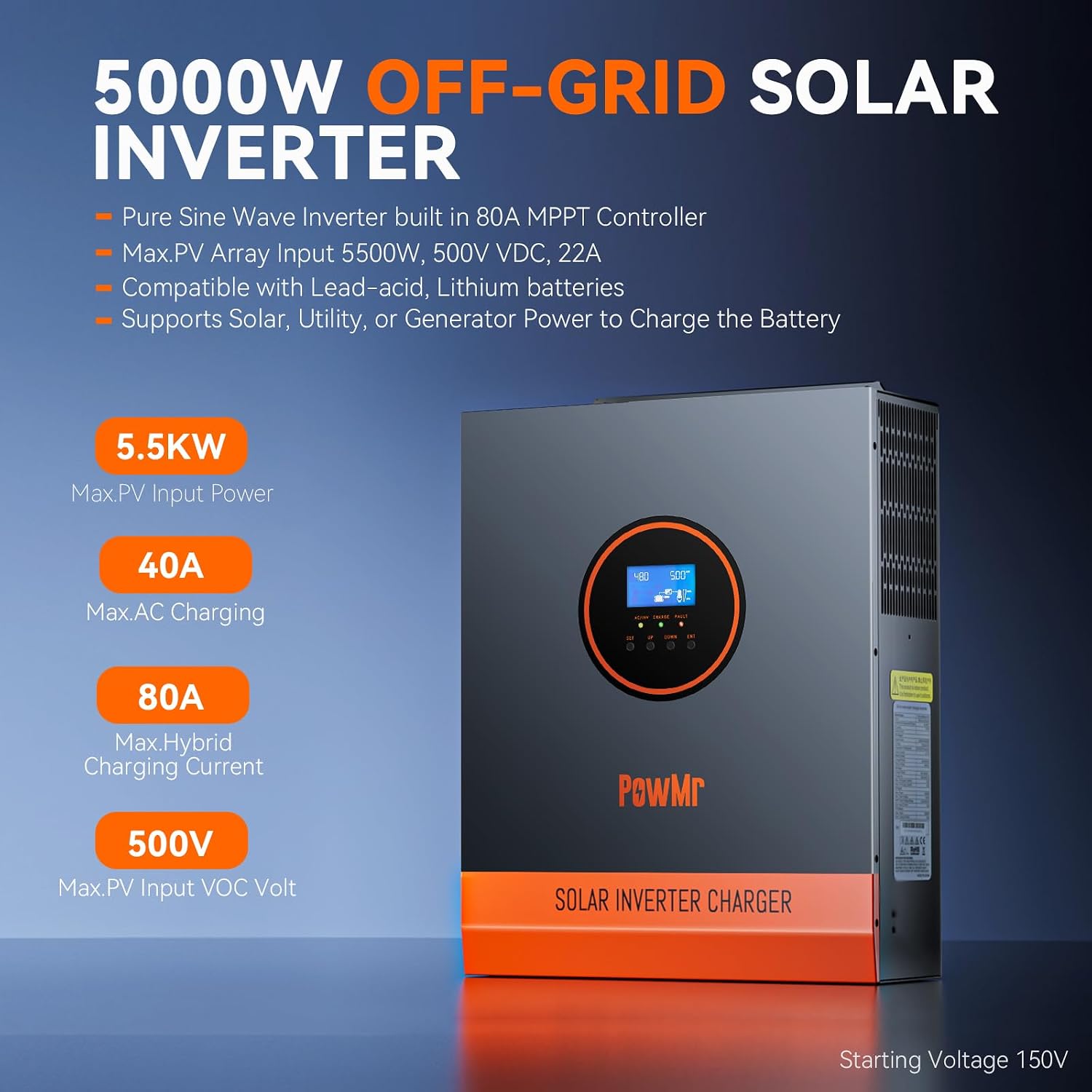 PowMr Solar Inverter 5000W 48V to 110V, 5000 watt Inverter Pure Sine Wave 48V Built-in 80A MPPT Controller and 40A AC Charger, Max.PV Input Up to 5500W, 500VOC, Support Utility/Generator/Solar Charge