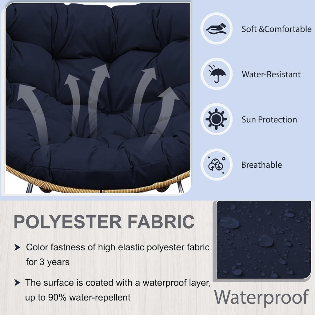 Outdoor Rocking Chair Cushion – Waterproof Wicker Egg Chair Replacement Pad, Thick Papasan Seat Cushion with Ties for Indoor & Outdoor Patio, Porch, Balcony, or Garden (Navy Blue)