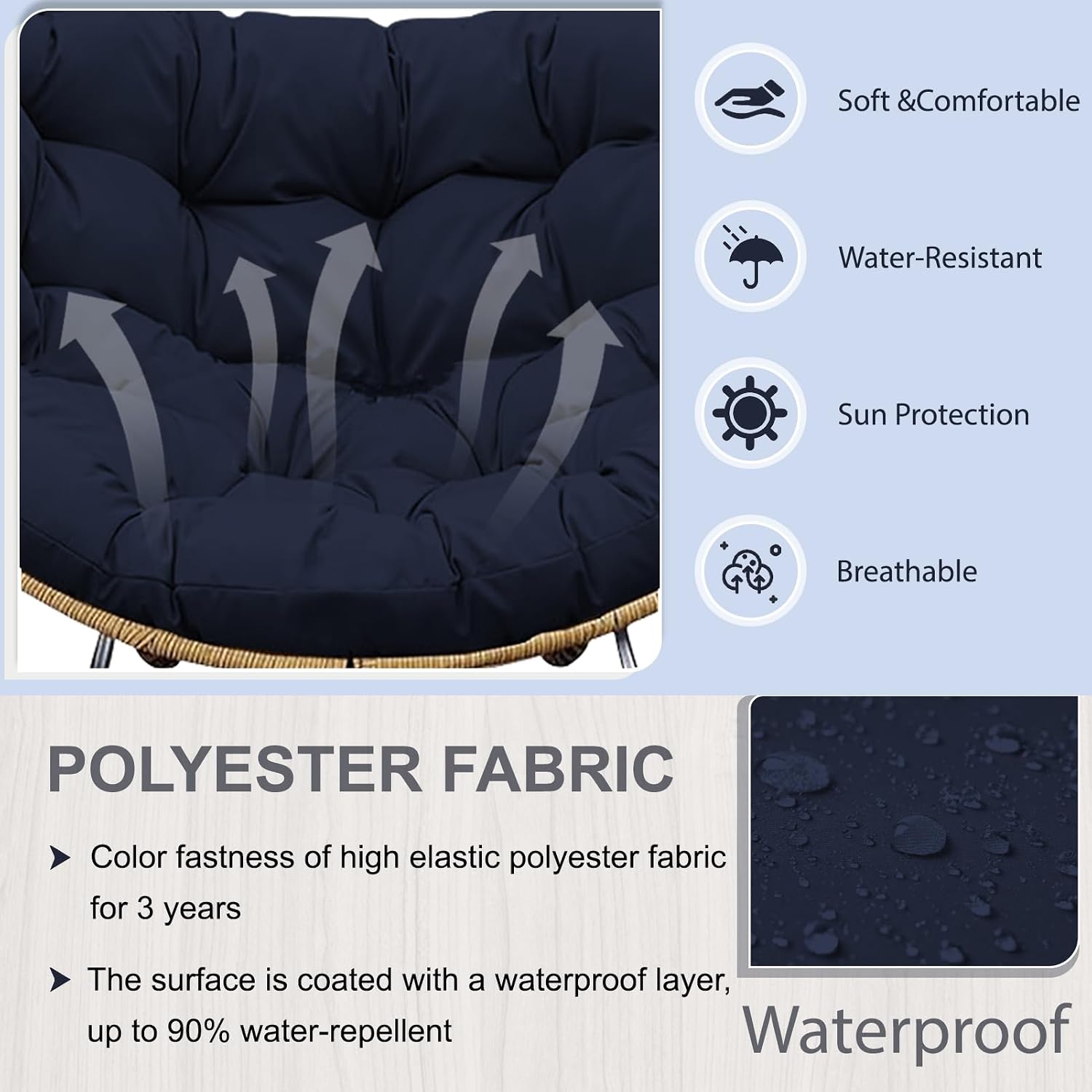 Outdoor Rocking Chair Cushion – Waterproof Wicker Egg Chair Replacement Pad, Thick Papasan Seat Cushion with Ties for Indoor & Outdoor Patio, Porch, Balcony, or Garden (Navy Blue)