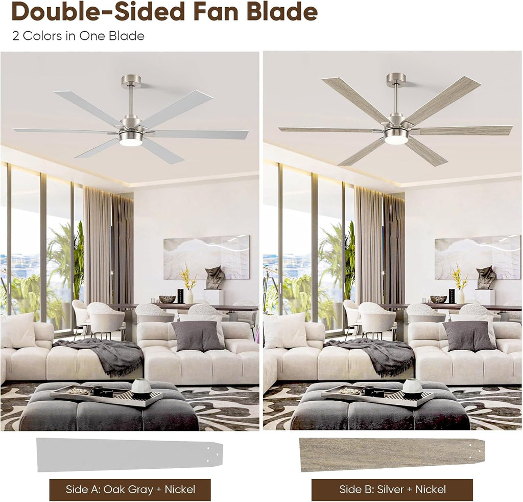 Outdoor Ceiling Fans for Patios with Light, 66 inch Large Ceiling Fans with Lights, Modern Indoor Exterior Large Airflow Commercial Ceiling Fan for Gazebo Porch Garage, Dual Finish-Nickel & Oak Gray