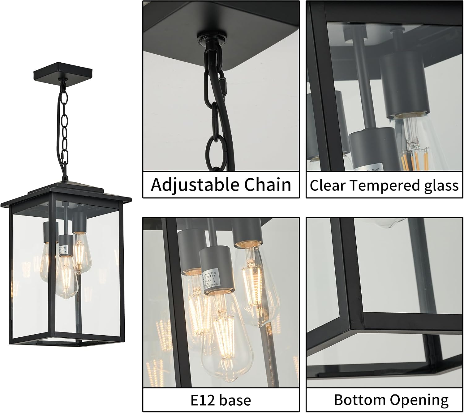 Outdoor Hanging Light Fixture 3-Light, Modern Black Metal Outside Chandelier Exterior Hanging Fixture Ceiling Mount with Clear Glass Shade for Front Porch Entrance Foyer Entryway(Bulbs not Included)