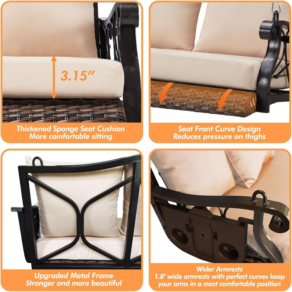 ZZW 3-Person Wicker Porch Swing Chair Heavy Duty 900 LBS Outdoor Rattan Patio Swing Chair w/Cup-Holder & Steel Chains Hanging Bench Porch Swing Cushions for Deck & Backyard & Garden