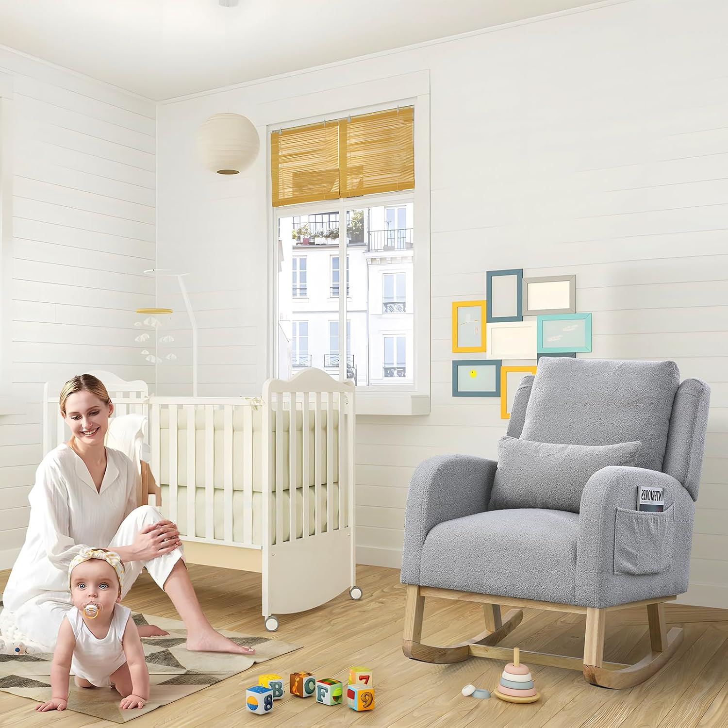 Rocking Glider Chair for Nursery, Wingback Accent Rocker Chair Upholstered Tall Back Arm Chair w/Side Pockets, Modern Leisure Single Sofa for Living Room, Hotel, Bedroom, Baby Room, Grey
