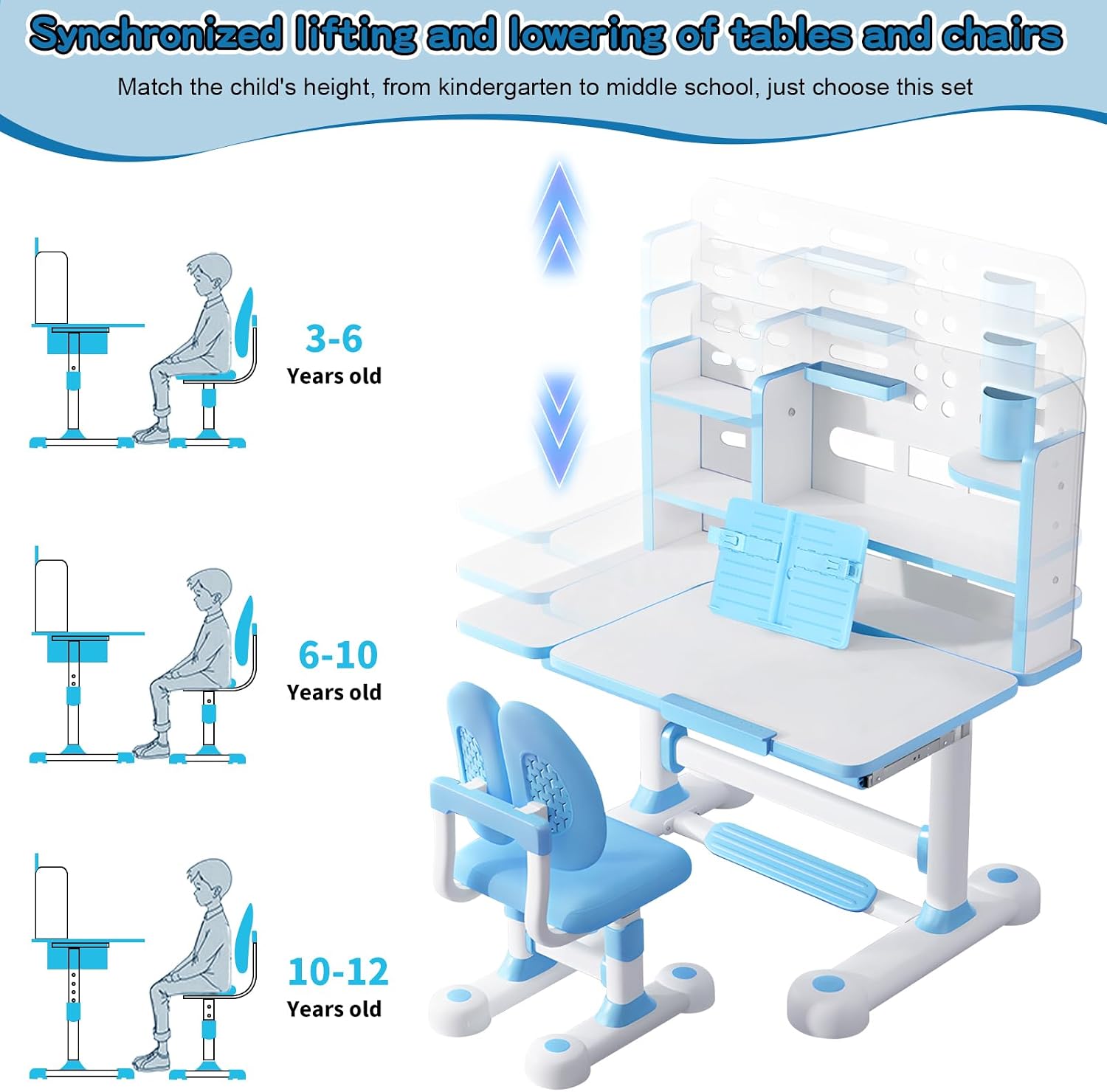 Kids Desk and Chair Set, Height Adjustable Kids Study Desk with Widened Tabletop,Tiltable Reading Stand, Spine Protect & Prevent Myopia, for Boys & Girls 3+ (Blue 2)
