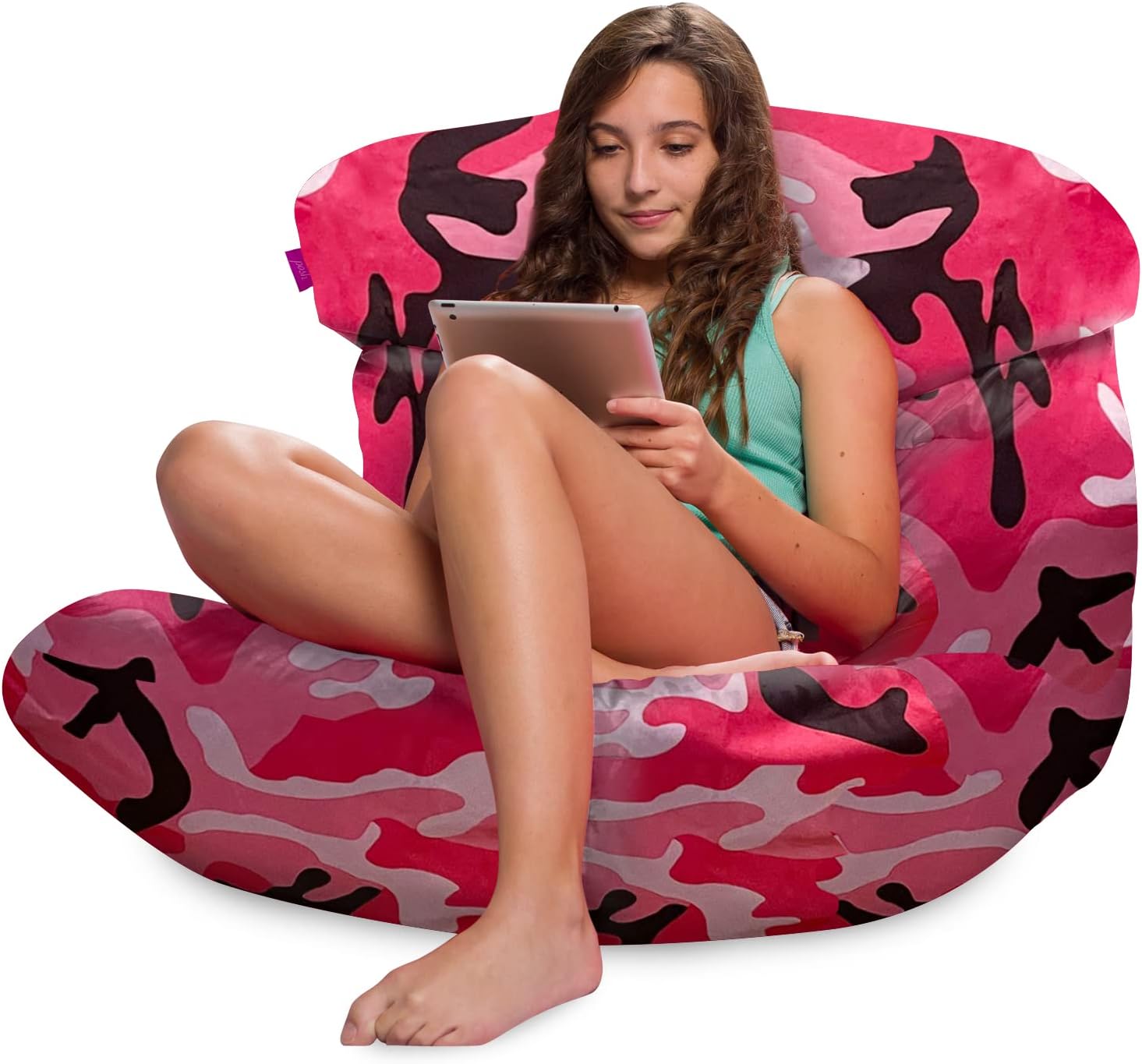 Posh Creations Structured Comfy Bean Bag Chair for Gaming, Reading and Watching TV, Laguna Lounger, Nylon - Camo Pink and Black