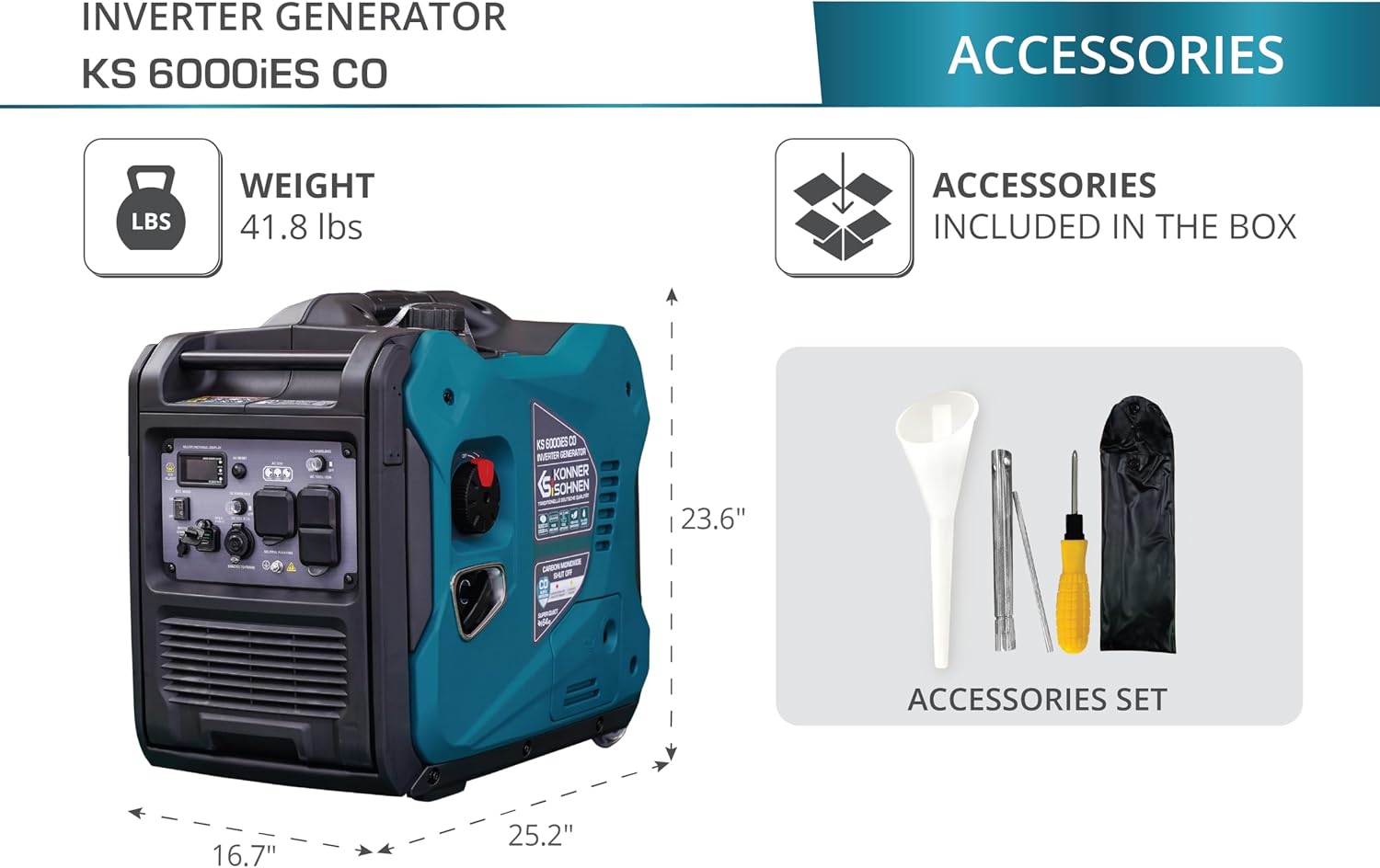 Konner&Sohnen Gas Inverter Generator - 5500 Watt, 120V/240 V, Portable and Lightweight, Super Quiet with Pure Sine Wave and CO Sensor (German brand, model: KS 6000iES CO)