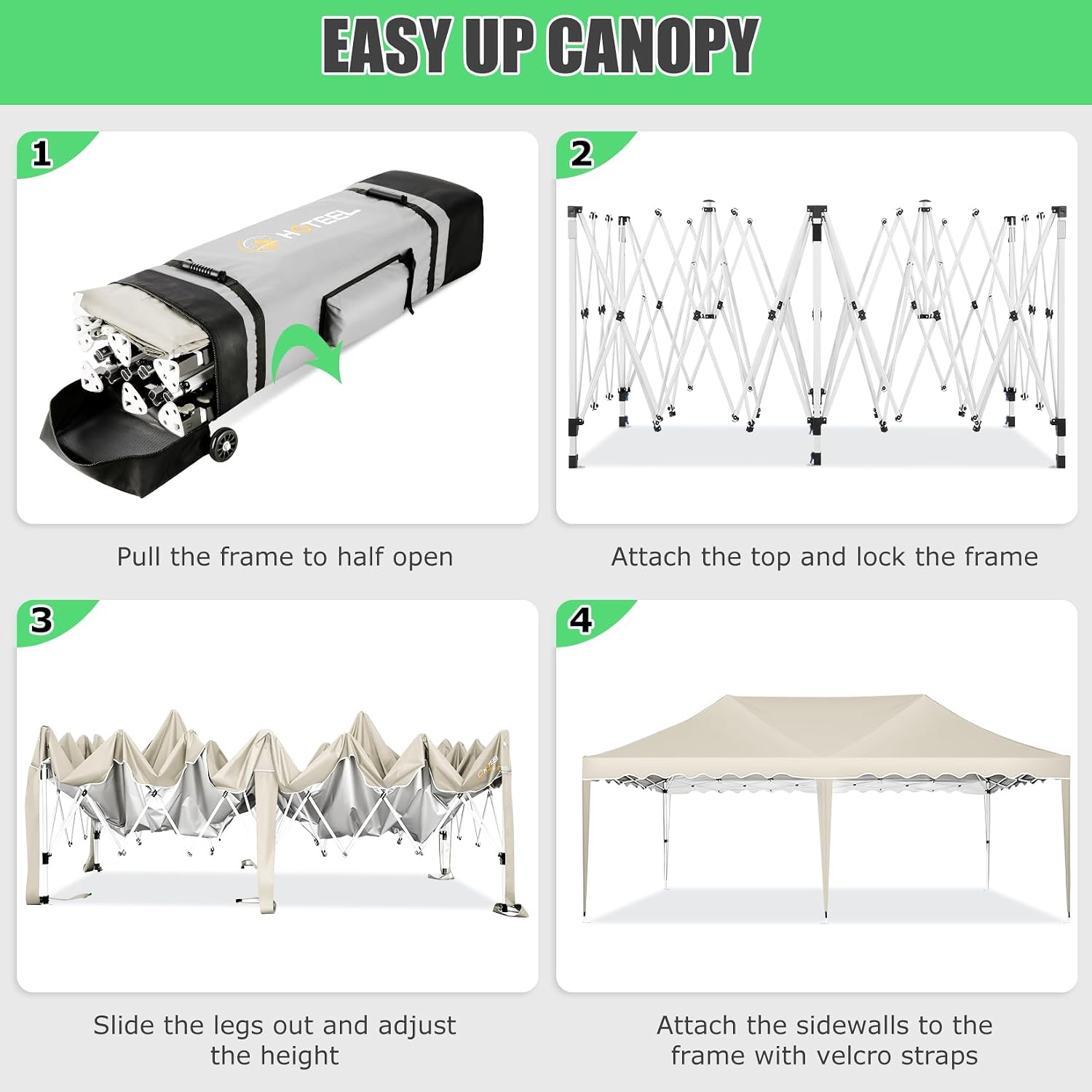 HOTEEL 10x20 Pop up Canopy Tent Without Sidewall Easy Up Commercial Outdoor Wedding Party Tents for Parties All Season Wind & Waterproof Gazebo Roller Bag, Khaki