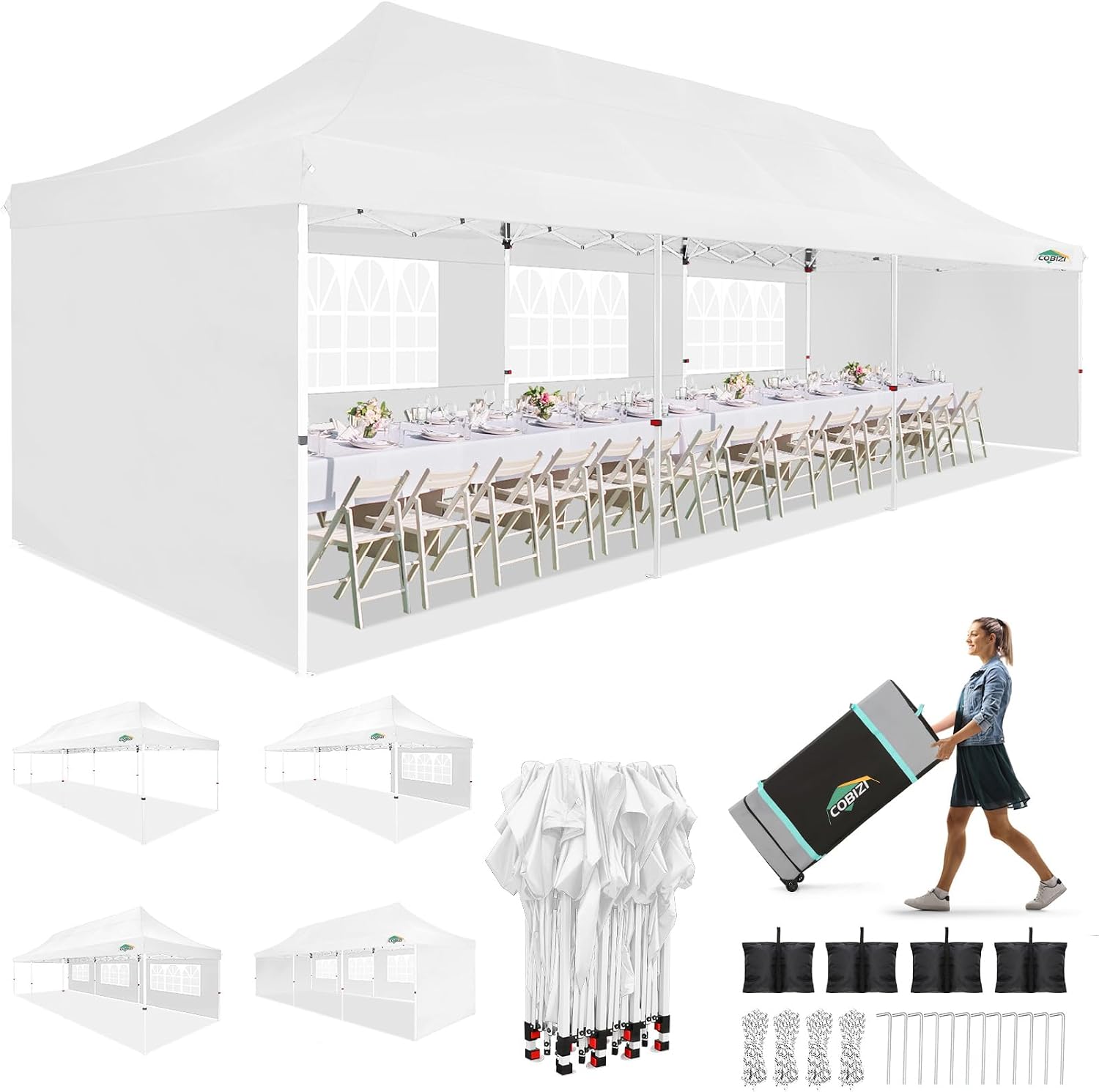 COBIZI 10x30 Pop up Canopy with 8 Removable Sidewalls & 4 Sandbags, Party Tents for Wedding, Commercials, Waterproof and Instant Shelter UV50+ Outdoor Gazebos Tent with Roller Bag & 5 Sidewalls