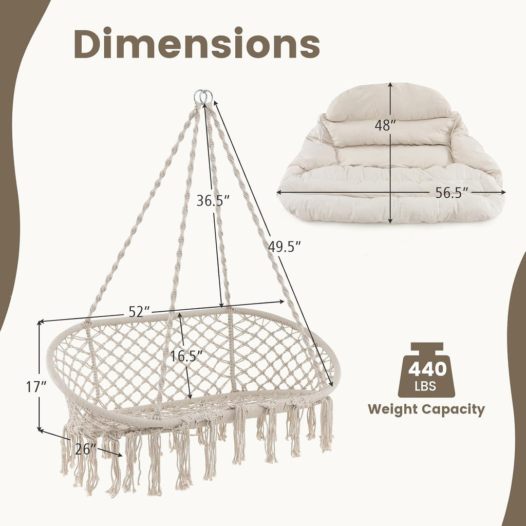Giantex Hammock Chair, Macrame Hanging Chair with Removable Cushion, Romantic Tassels, Outdoor Indoor Rope Chair for Relax in Bedroom, Porch, Balcony, Backyard, Max 440 lbs, Swinging Chair, Beige