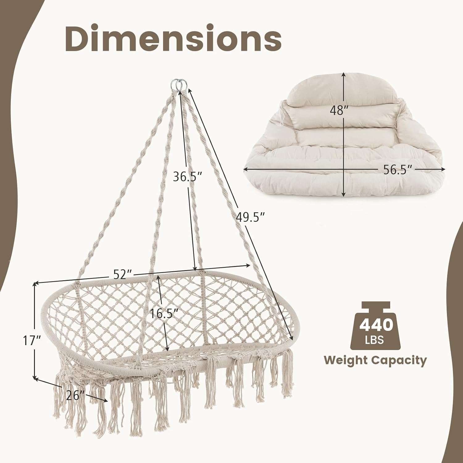 Giantex Hammock Chair, Macrame Hanging Chair with Removable Cushion, Romantic Tassels, Outdoor Indoor Rope Chair for Relax in Bedroom, Porch, Balcony, Backyard, Max 440 lbs, Swinging Chair, Beige