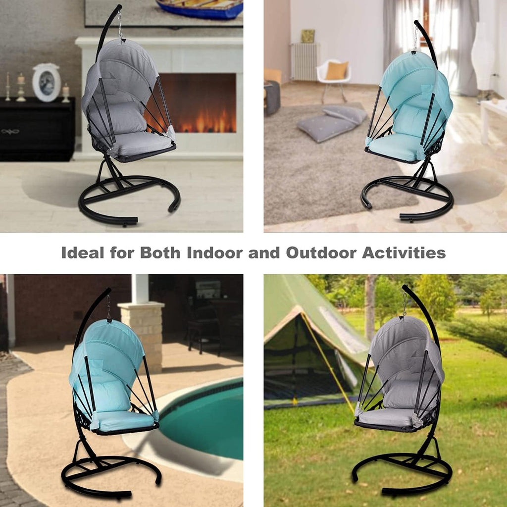 Foldable Hanging Chair Swing Hammock Egg Chair PE Rattan Wicker Seat w/Padded Cushion Headrest Pillow Canopy for Outdoor, Indoor, Blue