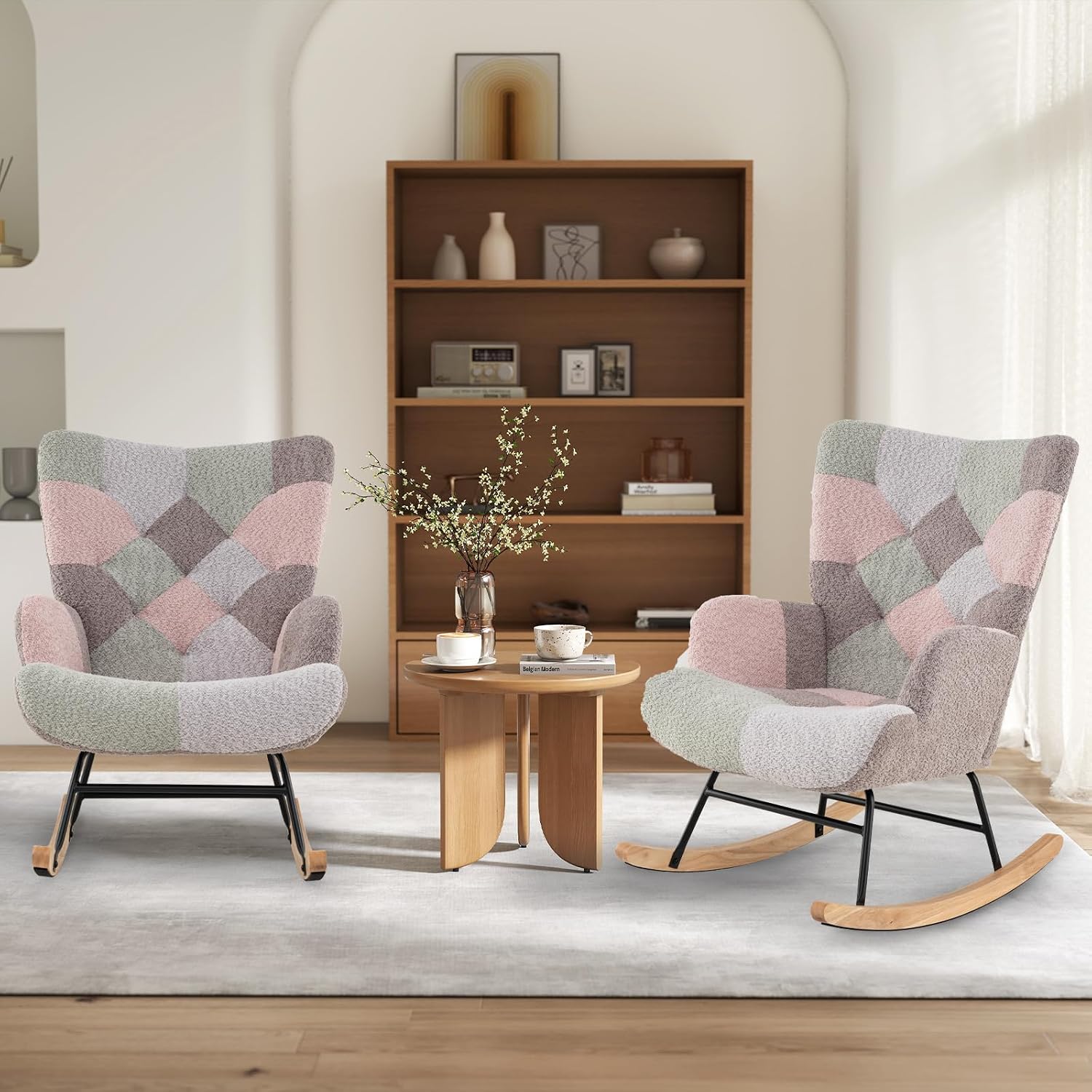 Giantex Rocking Chair Nursery, Boucle Upholstered Glider Rocker w/Ergonomic High Backrest, Rubber Wood Legs & Side Pocket, Patchwork Modern Accent Chair for Bedroom, Living Room, Offices