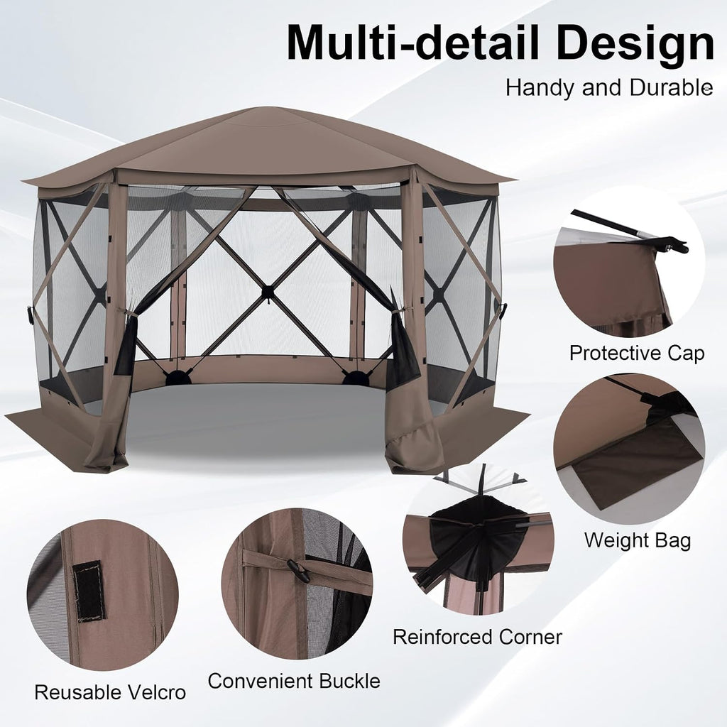 COBIZI Pop Up Gazebo Screen Tent Screen House for Camping, 12x12 Screen Room with Mosquito Netting, Hub Tent Instant Screened Canopy with Carrying Bag and Ground Stakes, Brown