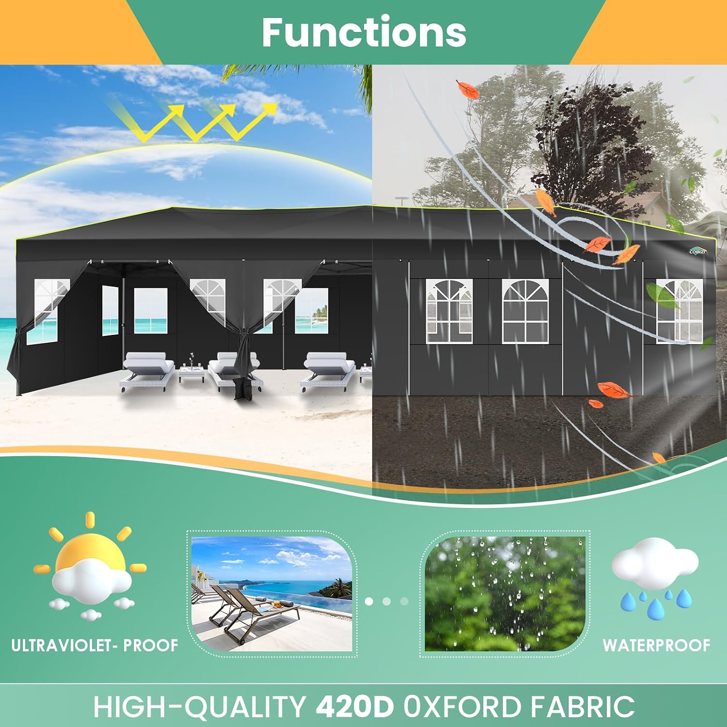 COBIZI 10x30 Pop Up Canopy Tent, Wedding Party Tent with 8 Sidewall One Push Setup Glow, 3 Adjustable Height Air Vent Waterproof UPF50+, Wheeled Bag, Sandbag, Stake, Rope for Commercial, Outdoor