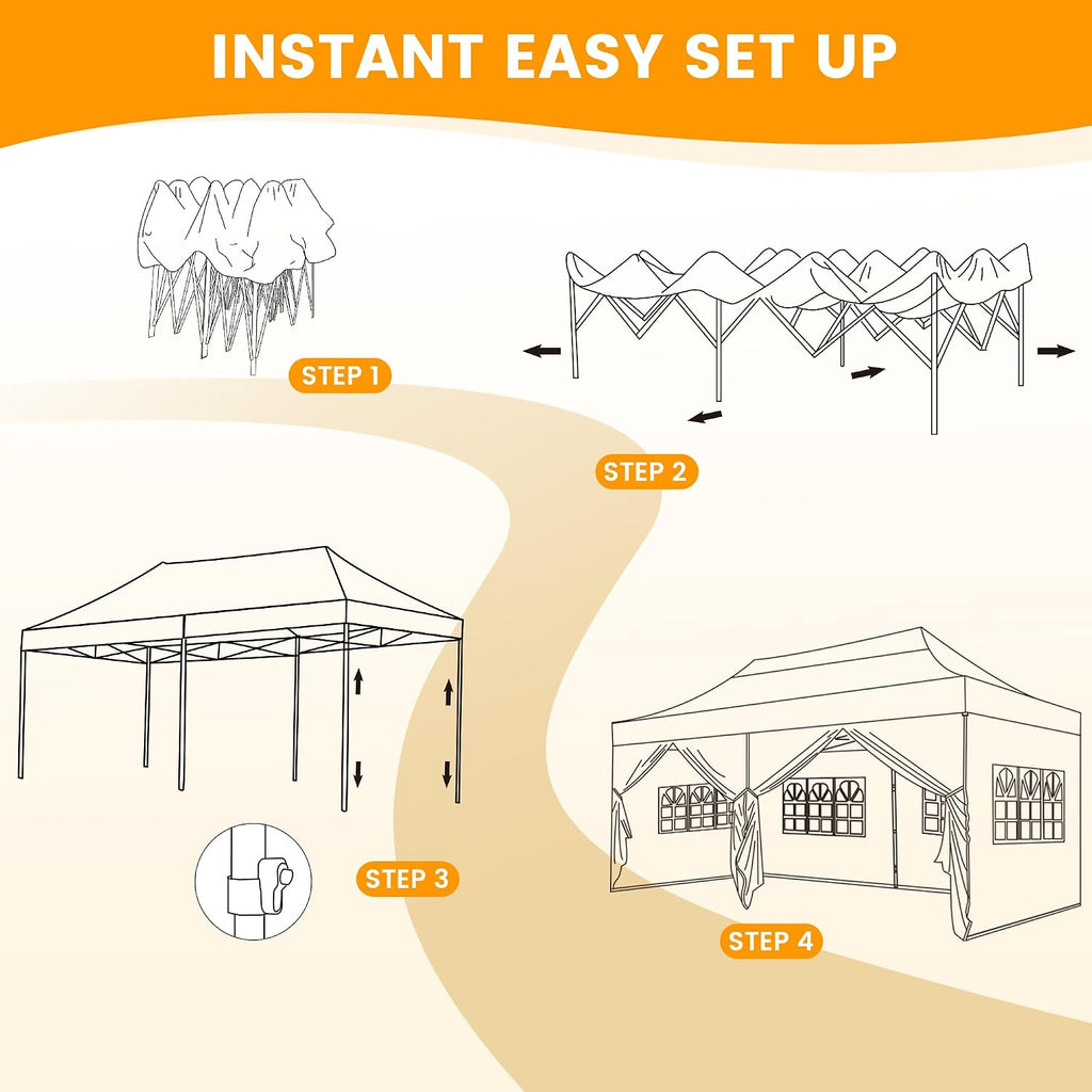 Kromax 10X20' Portable Pop Up Canopy Tent, Waterproof Foldable Outdoor Canopy,Heavy Duty Gazebo, Sidewalls, Steel Frame, Easy Set Up, Black