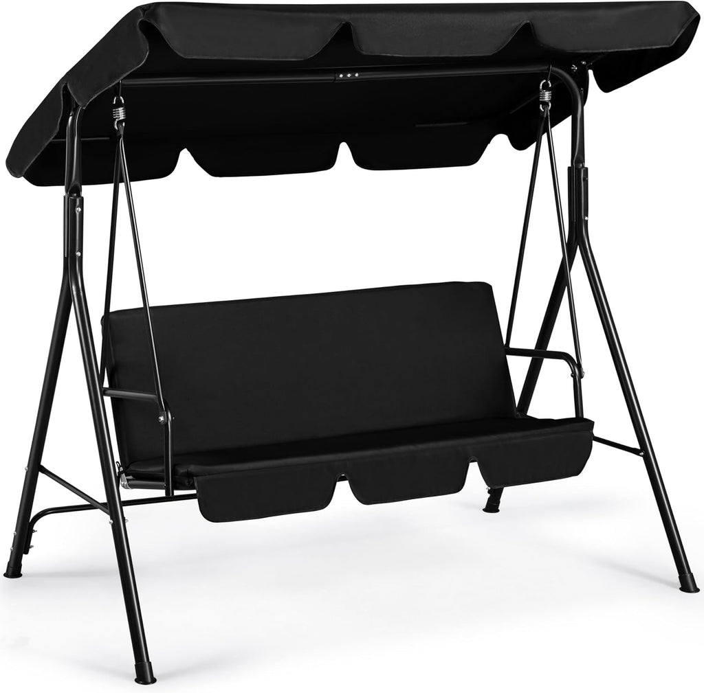 Yaheetech 3-Seat Patio Swing Chair, Outdoor Canopy Porch with Adjustable Canopy & Removable Cushion, Hanging Glider Lounge Chair for Patio, Garden, Yard, Porch - Black