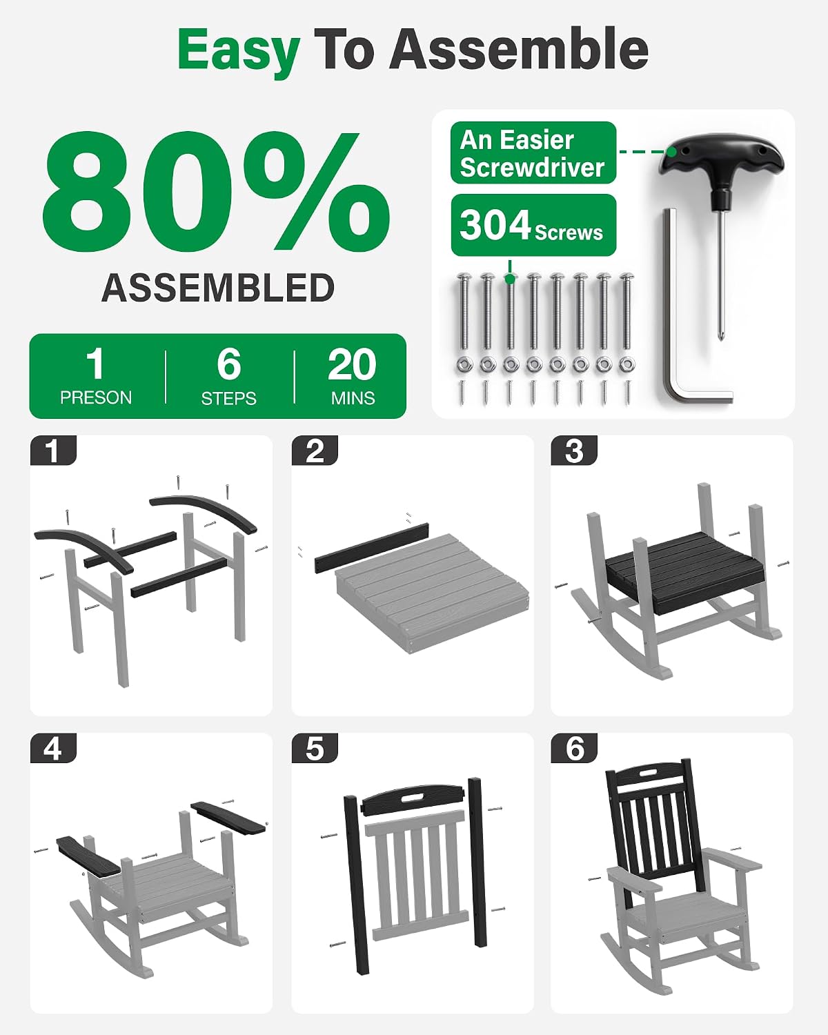 YEFU Outdoor Rocking Chairs Set of 2: Patio Rocking Chair for Adult, Outdoor Rocker Weather Resistant, Easy to Assemble, Safe&Comfortable, Black