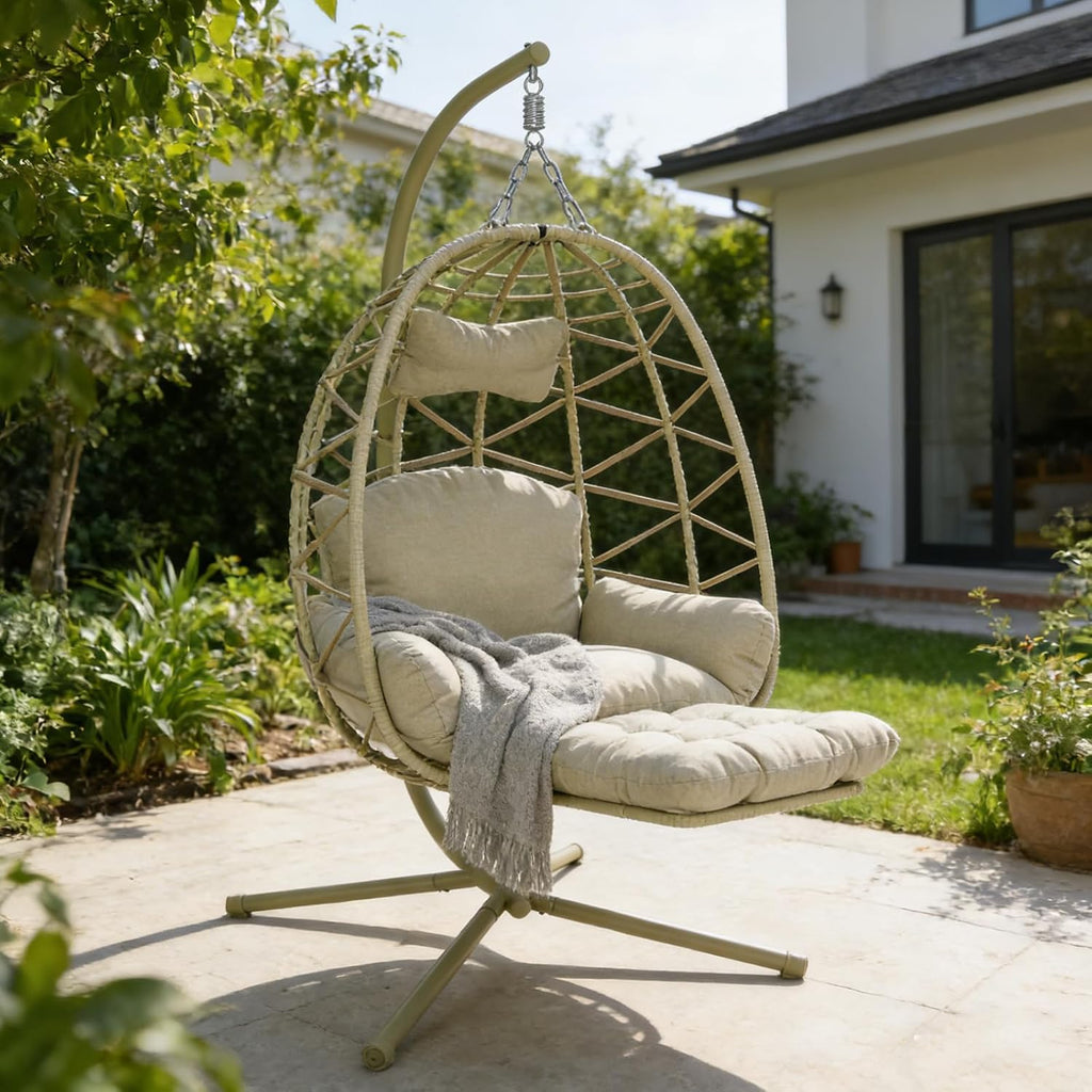 Hanging Egg Chair with Stand & Leg Rest,Rattan Wicker Swing Chair with Cushion,Patio Basket Hanging Chair Wicker Hammock Chair for Indoor Outdoor Bedroom Garden,300LBS (Coffee Rattan&Coffee Cushion)