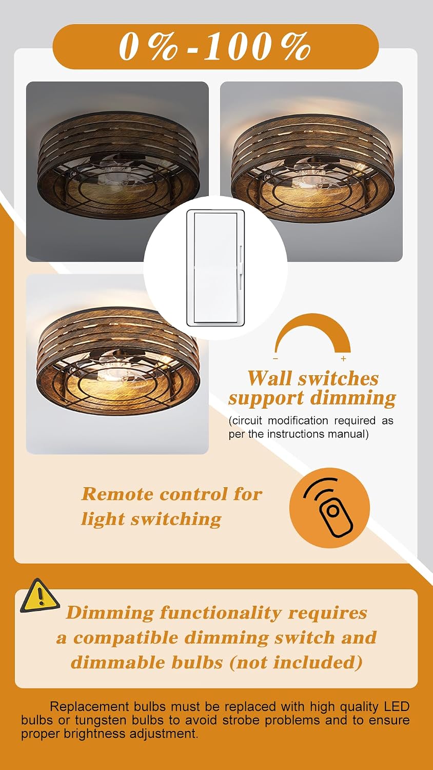 20'' Flush-Mount Ceiling Fan with Light and Remote, Reversible Motor, Perfect for Bedroom, Living Room, Kitchen, Outdoor Gazebo, Patio, Low-Profile Design Cage (Bronze)