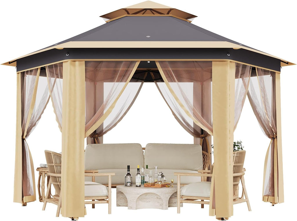 13' x 13' Pop-Up Gazebo Canopy Tent with Zippered Mesh Sidewalls and Carrying Bag, Event Tent Shelter for Patio Garden Backyard, Khaki and Beige