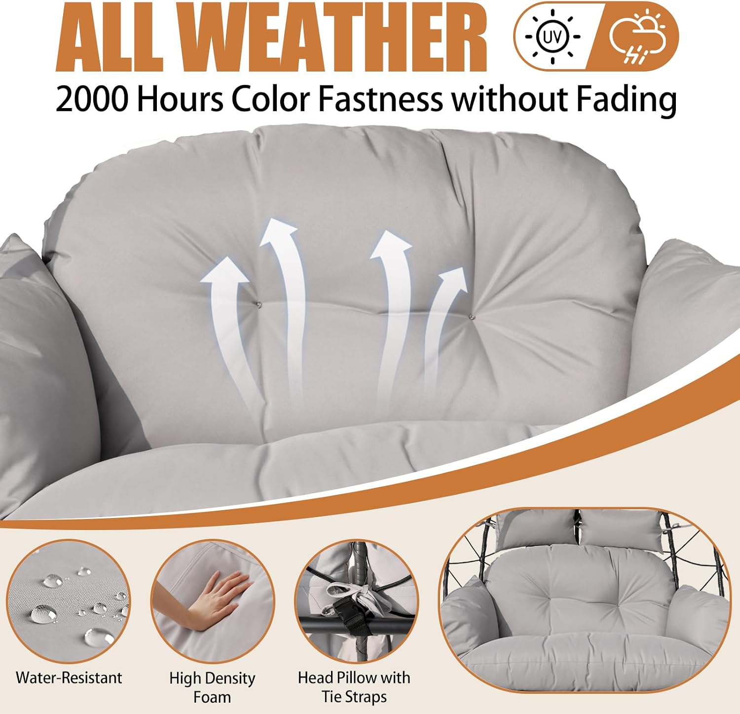 Double Egg Swing Chair with Stand & Adjustable Canopy, Outdoor Indoor Hanging Egg Chair, Handwoven Pe Rattan Loveseat with Uv-Resistant Cushions, 680Lbs Capacity for Patio, Garden, Balcony (Gray)