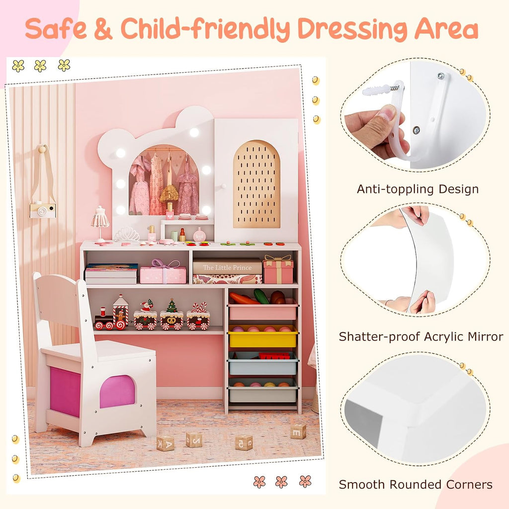 Costzon Kids Vanity with Lights, Girls Vanity Set with Mirror, Storage Drawers, Cabinet & Shelves, Toddler Makeup Vanity Desk Dressing Table, Wooden Kids Vanity Table and Chair Set (White)