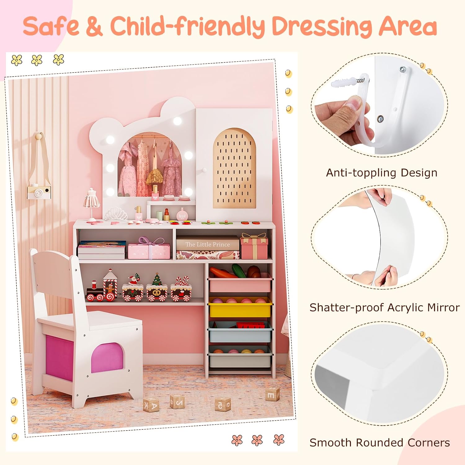 Costzon Kids Vanity with Lights, Girls Vanity Set with Mirror, Storage Drawers, Cabinet & Shelves, Toddler Makeup Vanity Desk Dressing Table, Wooden Kids Vanity Table and Chair Set (White)