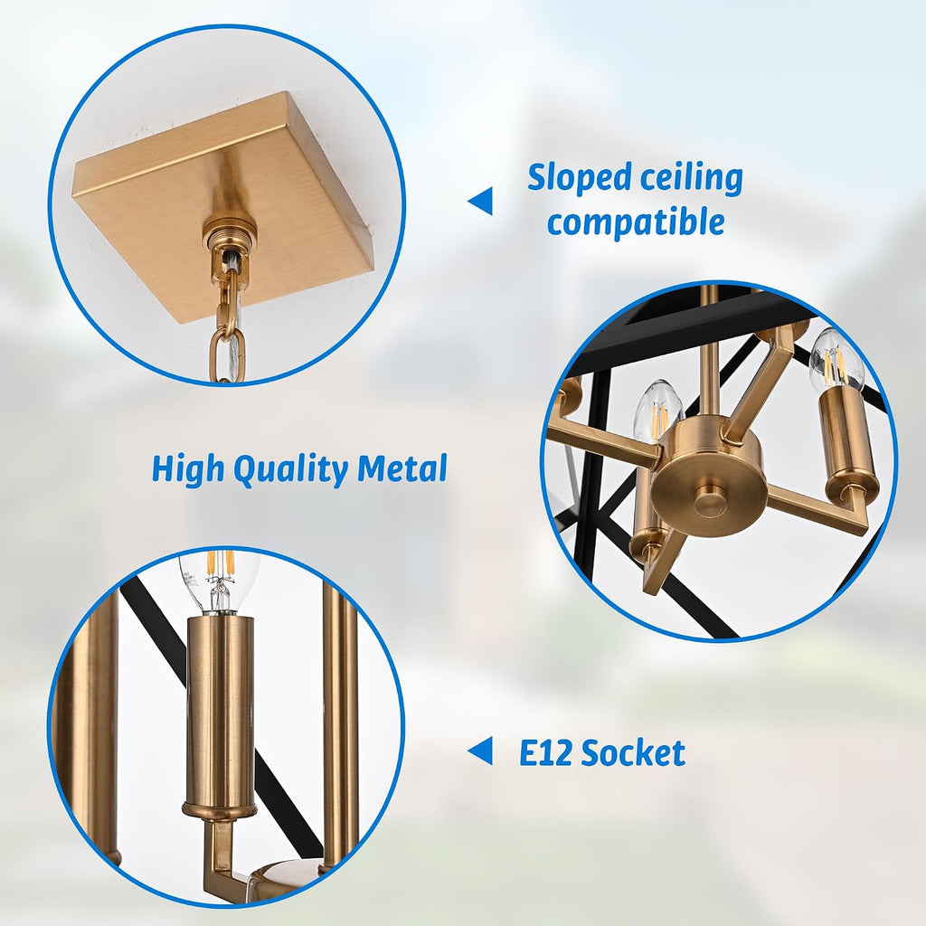 Outdoor Pendant Light for Porch, 4-Light Modern Metal Exterior Hanging Lantern Pendant Light Outside Chandelier Black with Clear Glass or Front Porch Entrance Foyer Entryway, Brass Socket