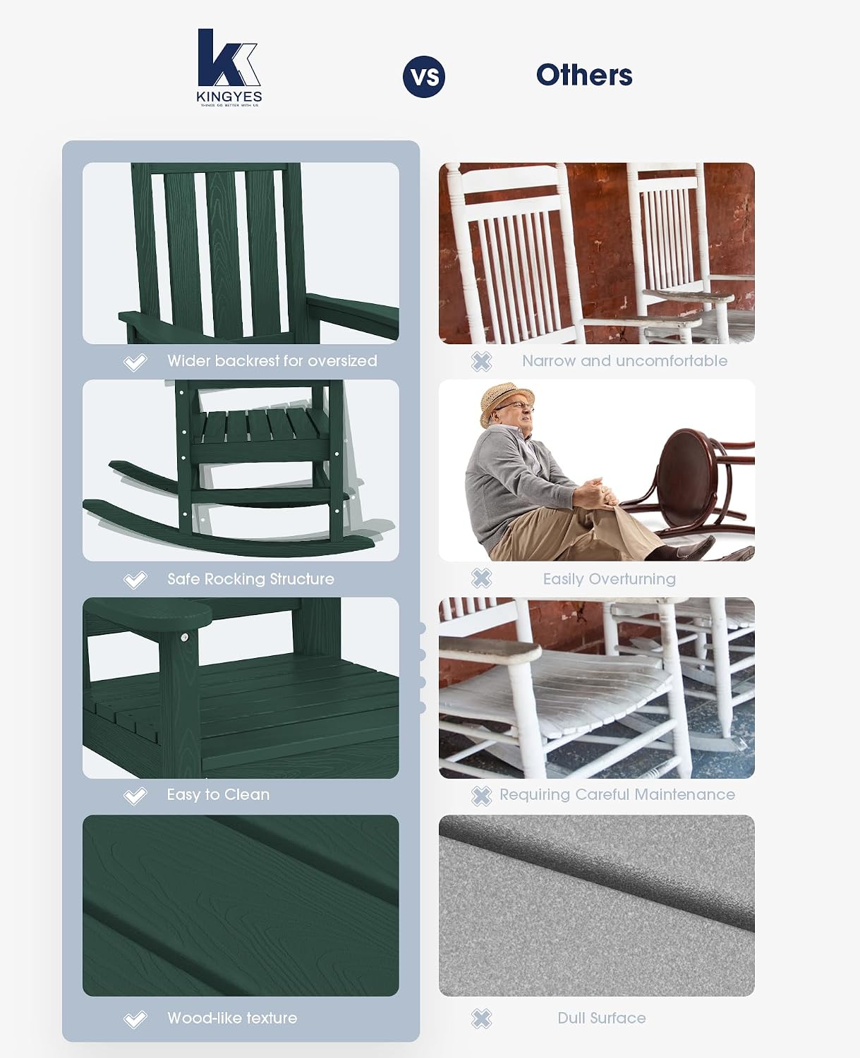 KINGYES Oversized Outdoor Rocking Chair Set of 2, All-Weather Patio Rocking Chairs for Porch, HDPE Outdoor Patio Rockers with High Back & Wide Seat for Garden, Lawn, Green