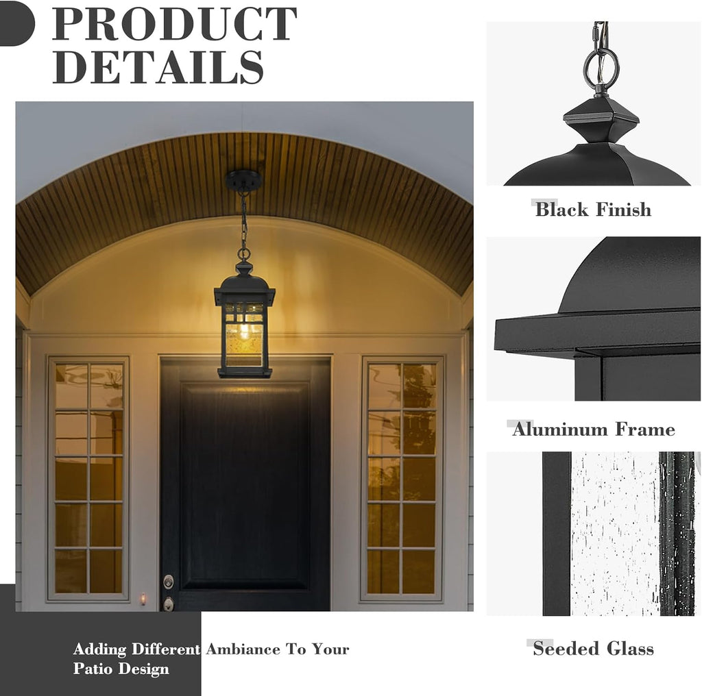 Emliviar 20' Farmhouse Outdoor Pendant Light, Large Outdoor Hanging Light for Porch Gazebo, Black Finish Aluminum with Seeded Glass Shade, DE279H-M BK