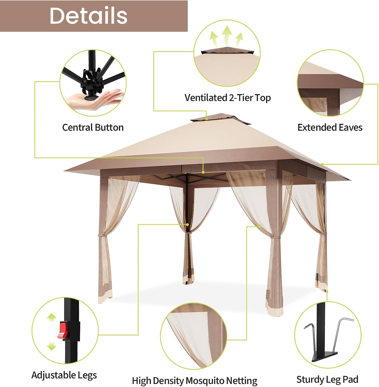13'x13' Gazebo, Pop Up Patio Gazebo Outdoor Canopy Tent with Double Roof Mosquito Netting & Portable Carry Bag for Backyard Lawn Deck Garden (Khaki)