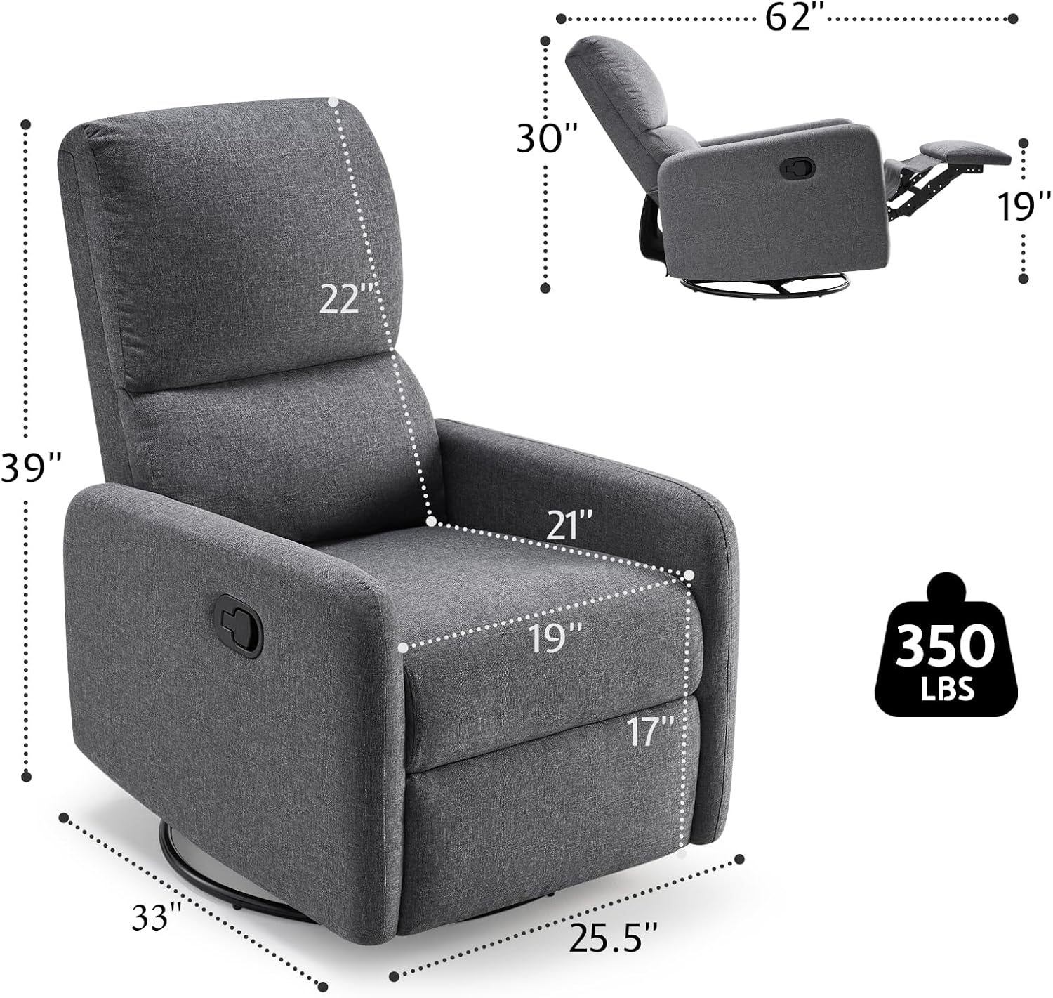 Jocisland Swivel Rocker Recliner Chair for Adults, Nursery Rocking Reclining with High Back, Small Glider for Small Spaces/Living Room/Bedroom/Nursing, Gray Linen (No Side Pockets)