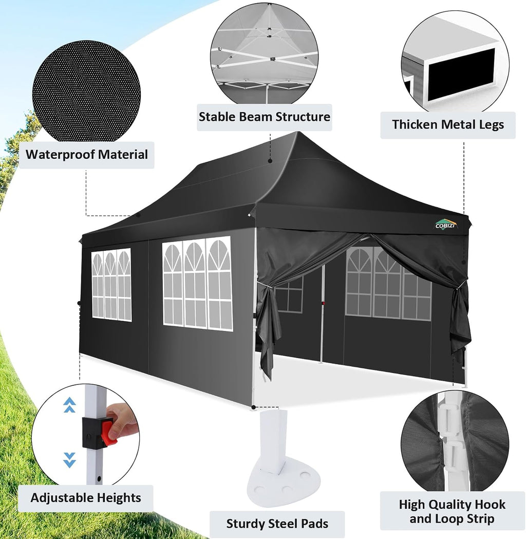 COBIZI 10x20ft Pop Up Canopy Tent with 6 Removable Sidewalls, Easy Up Commercial Canopy, Waterproof and UV50+ Gazebo with Portable Bag, Adjustable Leg Heights,Party Tents for Parties, with 4 Sandbags