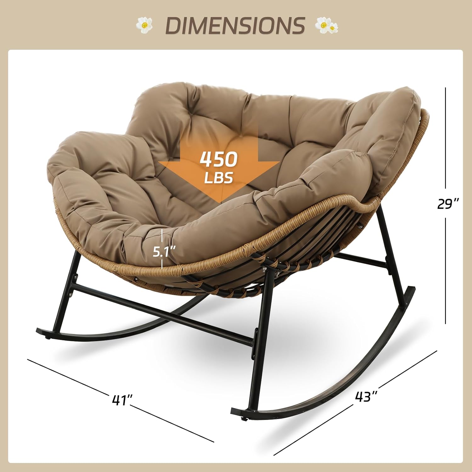 BULEXYARD Double Rocking Lounge Chairs Outdoor, 2 PCS Papasan Rocking Chair with Padded Cushion, All Weather PE Wicker Recliner Glider, Big Comfy Egg Rocker for Indoor Balcony, Bedroom, Livingroom