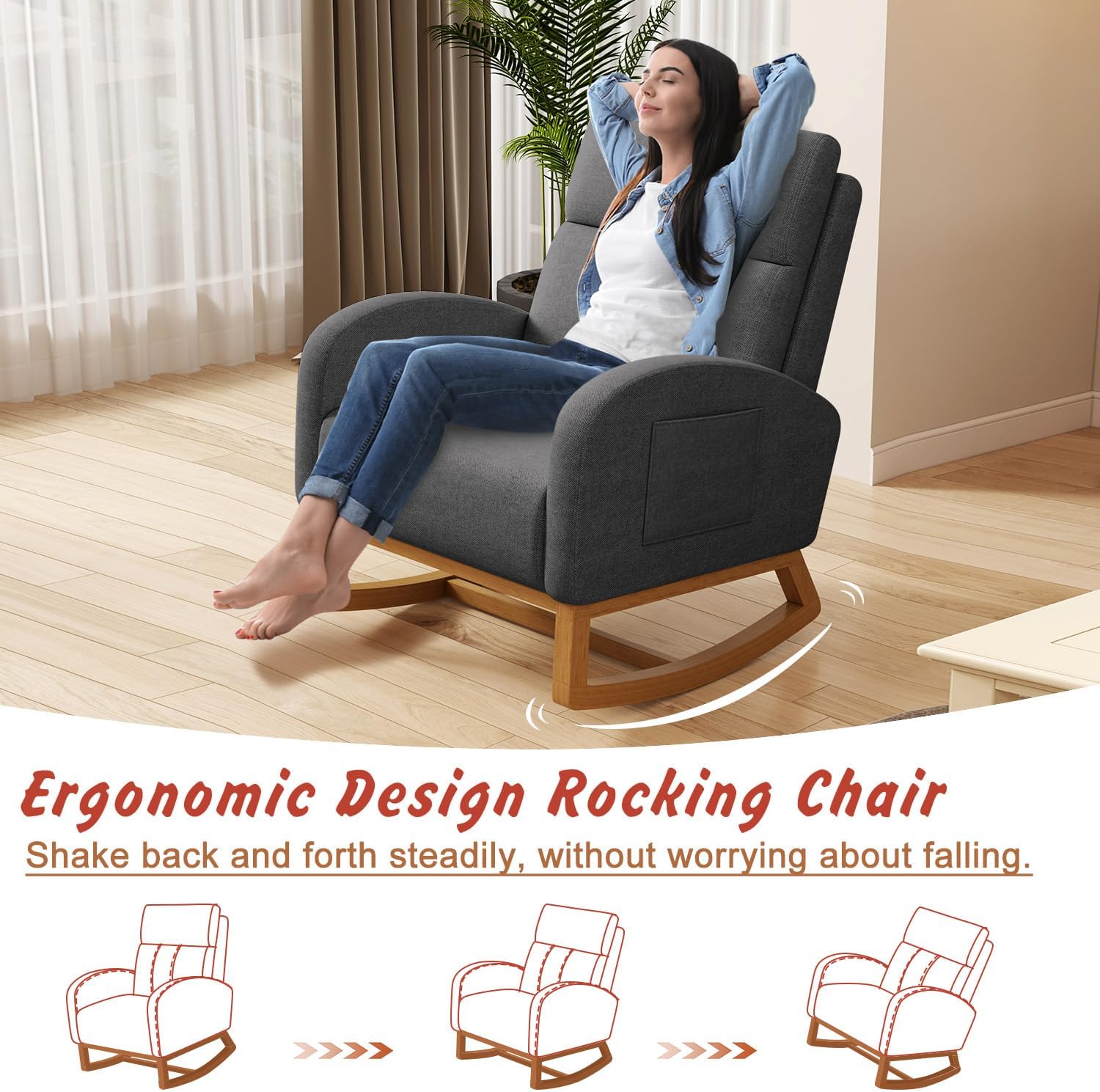 Gaussen Glider Rocking Chair Nursery Comfy Accent Chair with High Backrest Upholstered Living Room Chairs with Pocket Armchair Reading Chair for Bedroom Office (Grey)