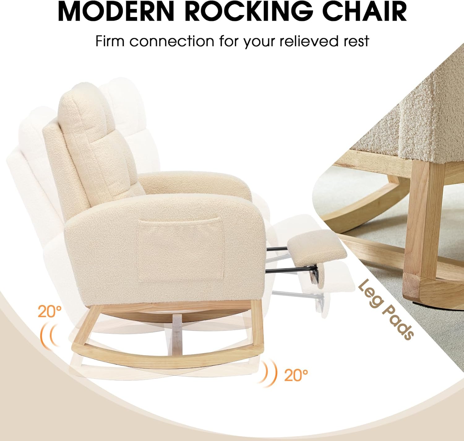 NIOIIKIT Modern Nursery Rocking Chair, Teddy Upholstered Rocking Chair with Footrest, Comfortable Rocker Recliner with Side Pocket, Rocker Glider for Living Room, Bedroom, Nursing Room (Apricot)