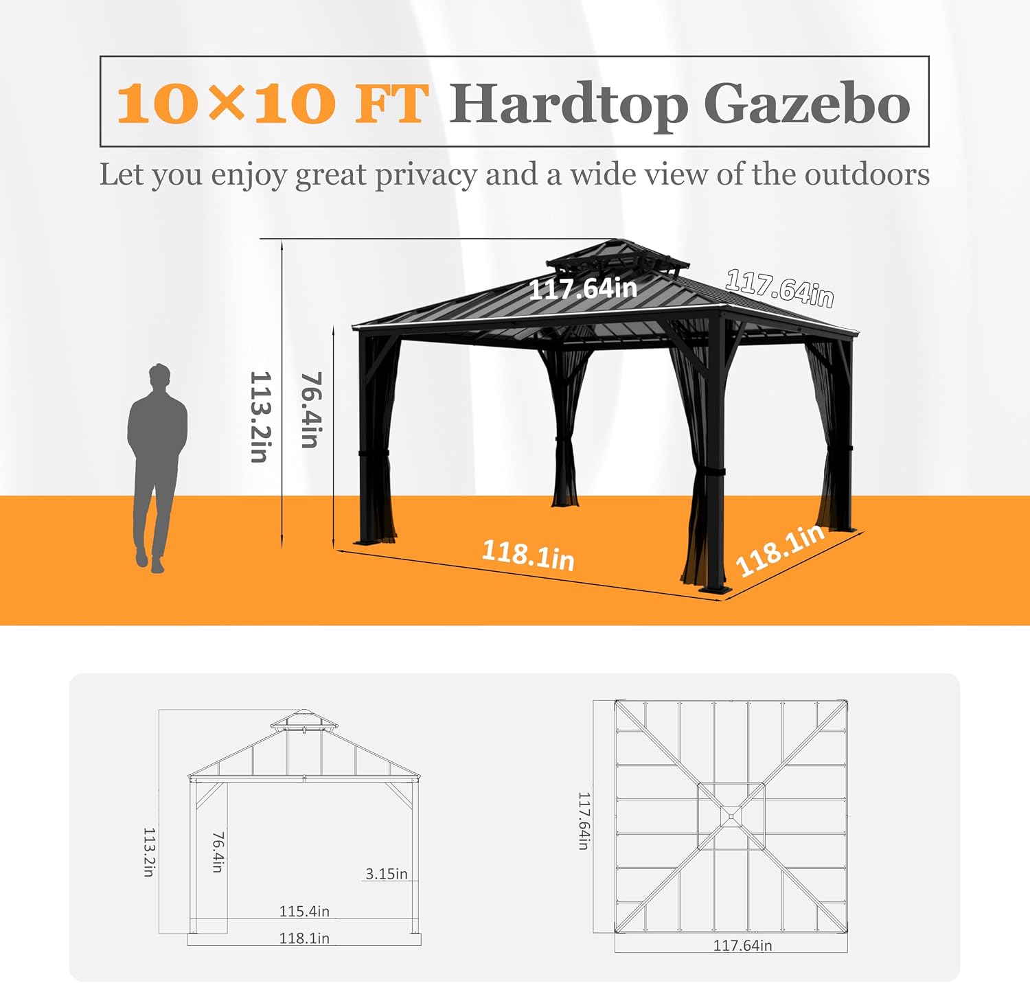 MUPATER 10X10 FT Hardtop Gazebo with Galvanized Steel Double Roof, Outdoor Metal Pergola Gazebo with Aluminum Frame, Drainage System for Garden, Lawn and Patio, Black