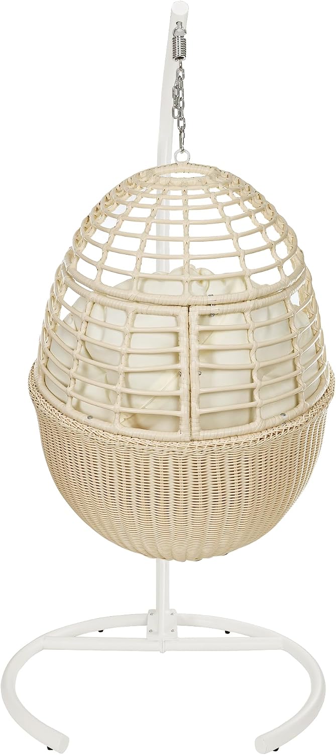 TWT Hanging Egg Chair with Stand, 330lbs Capacity Patio Wicker Egg Swing Chair with UV Resistant Cushion for Bedroom Garden Indoor Outdoor (Beige)